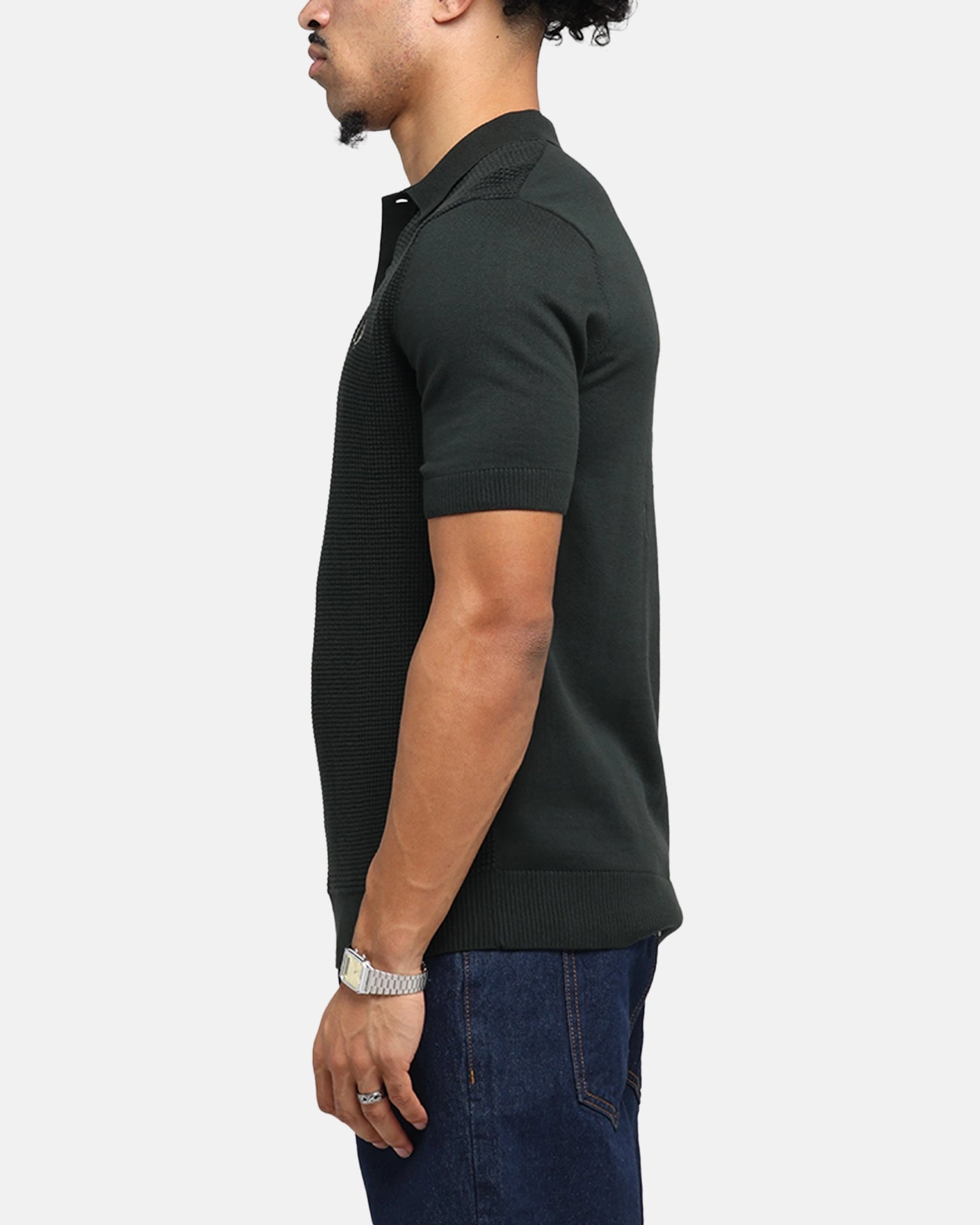 Compact Knit Structure Trendy Appeal Fred Perry Waffle Stitch Knitted Shirt Green