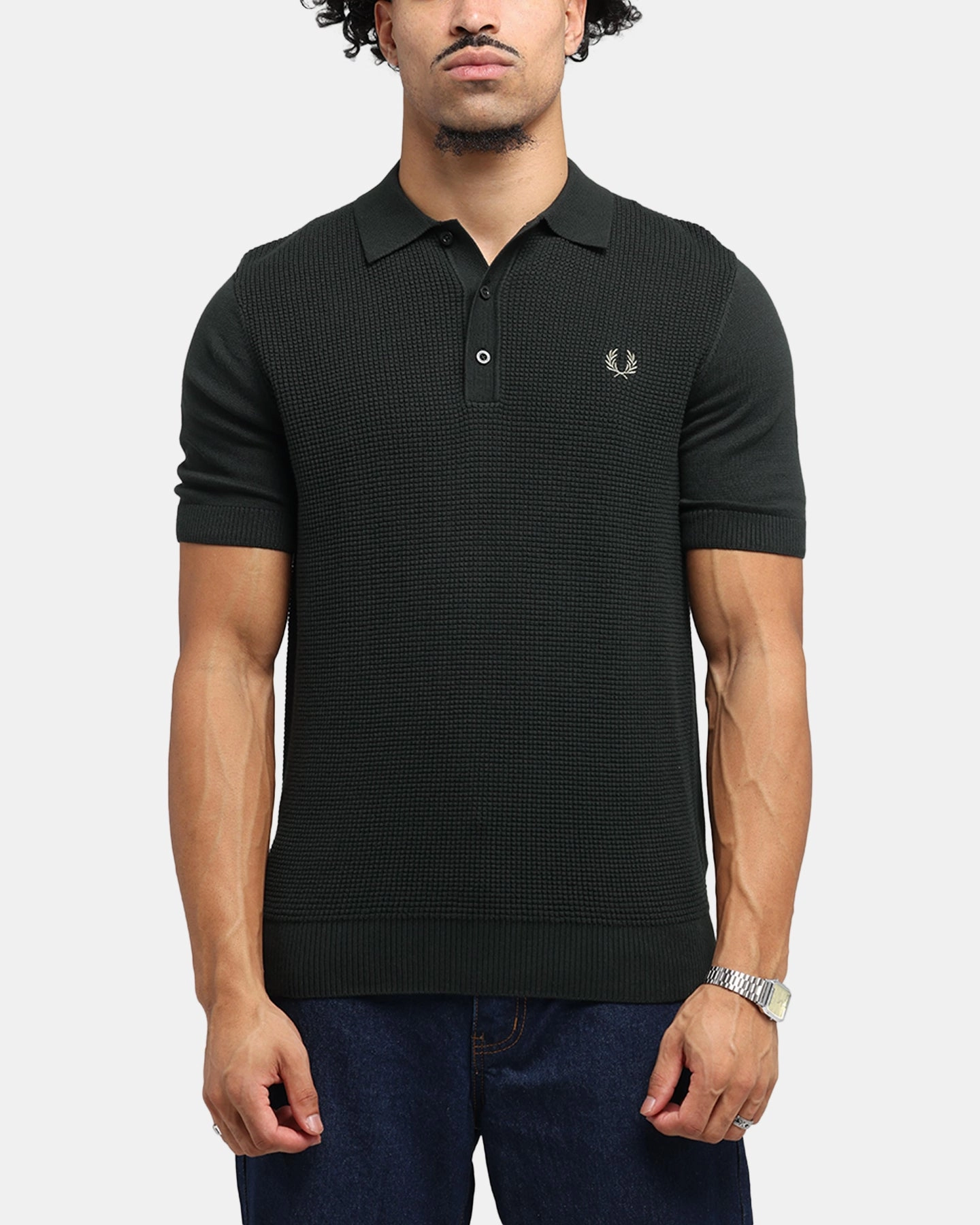 Fred Perry Waffle Stitch Knitted Shirt Green Casual Friday Logo Detail