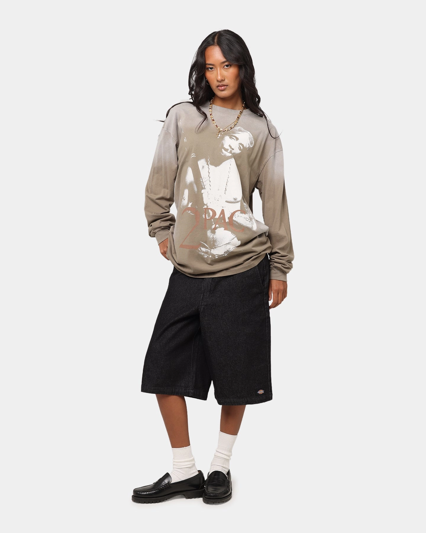 ZeroDistressFinish Casual Comfort Fit Tupac 2Pac Hem Vintage Long Sleeve T-Shirt Brown