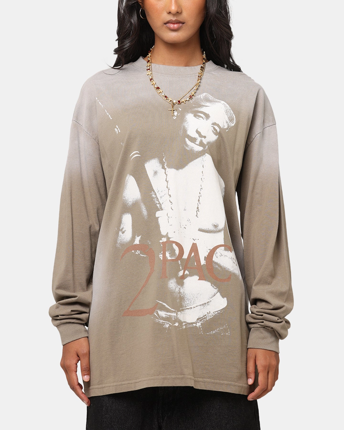 Tupac 2Pac Hem Vintage Long Sleeve T-Shirt Brown EcoFriendly Dye