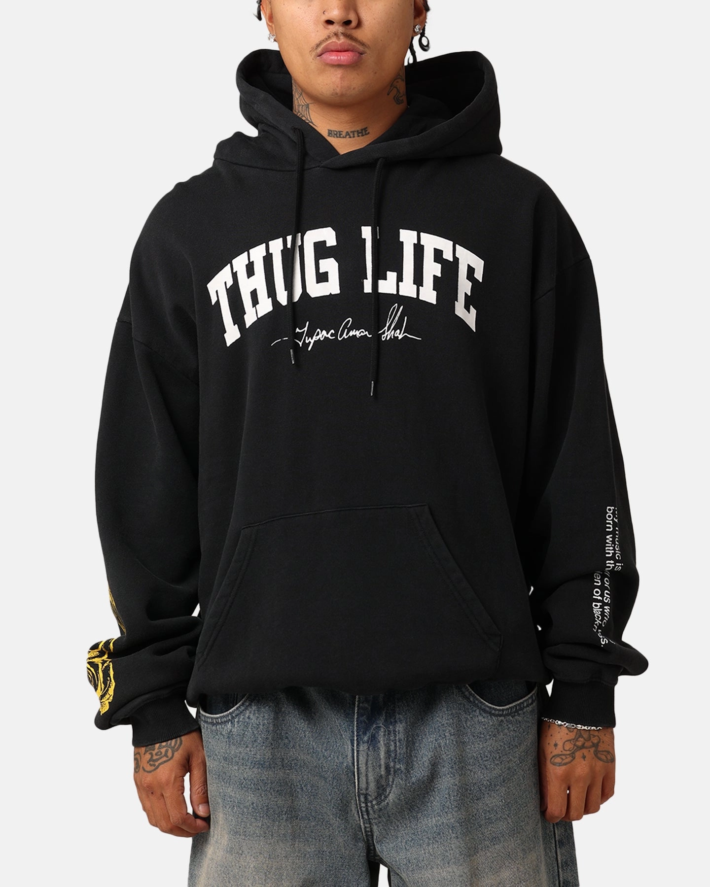 Tupac Thug Life Rose Hoodie Washed Black Static Resistant