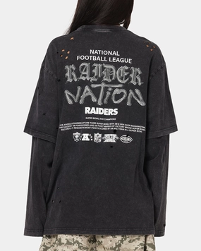 Mitchell & Ness Las Vegas Raiders Chromed Mock Long Sleeve T-Shirt Faded Black Fuzz Free Surface Drip Dry Fabric