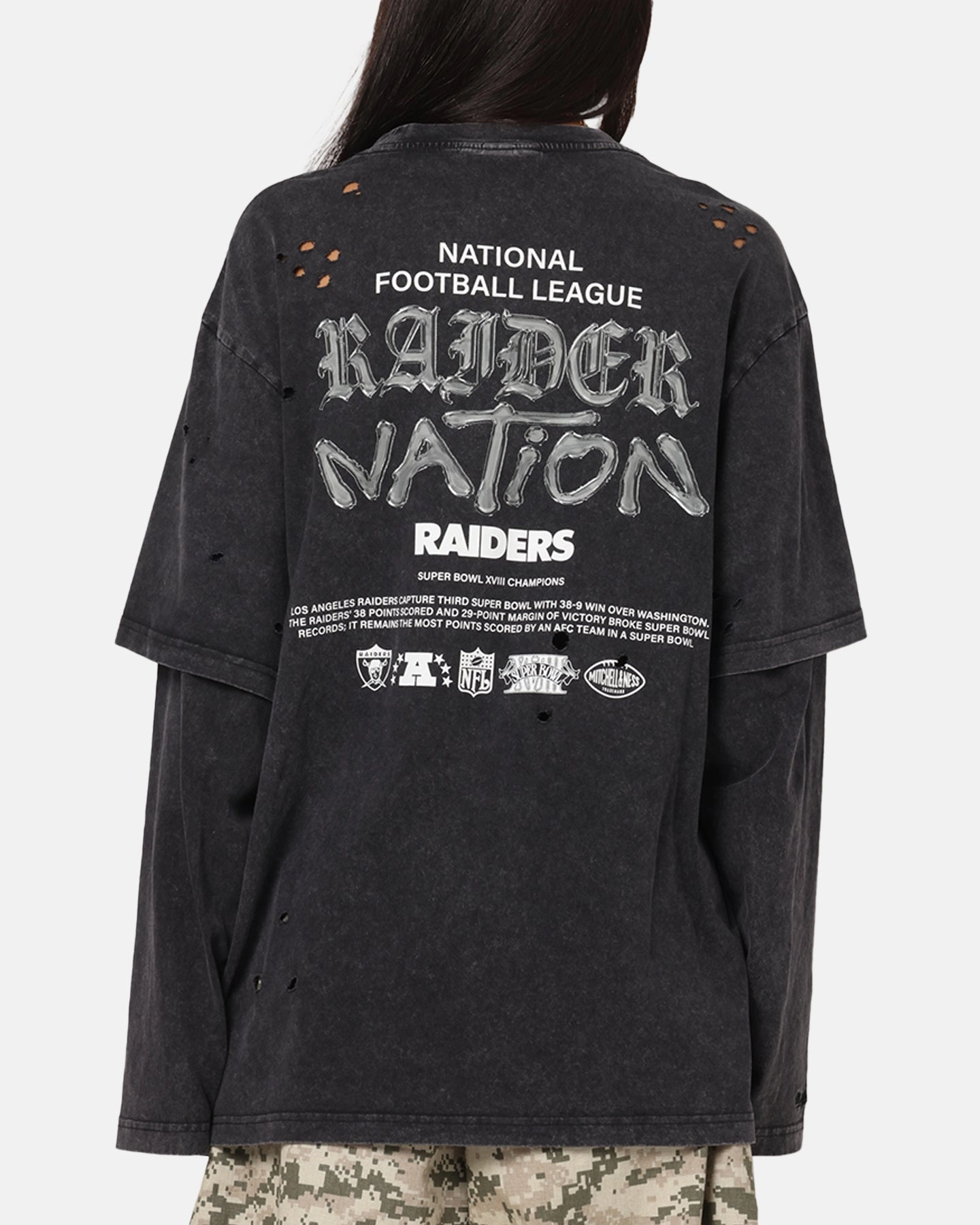 Mitchell & Ness Las Vegas Raiders Chromed Mock Long Sleeve T-Shirt Faded Black Fuzz Free Surface Drip Dry Fabric