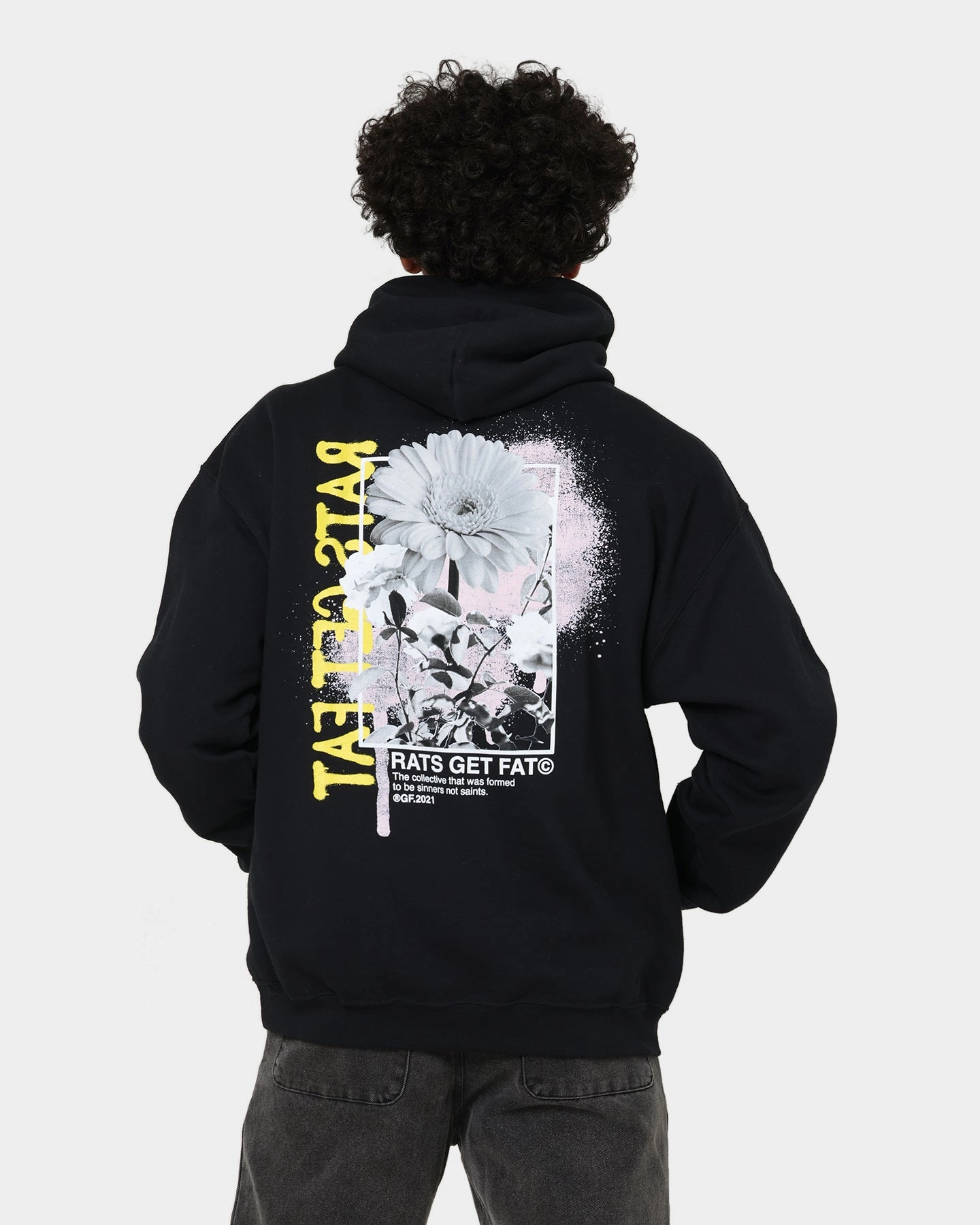 Handmade Rats Get Fat Paint Flower Hoodie Black