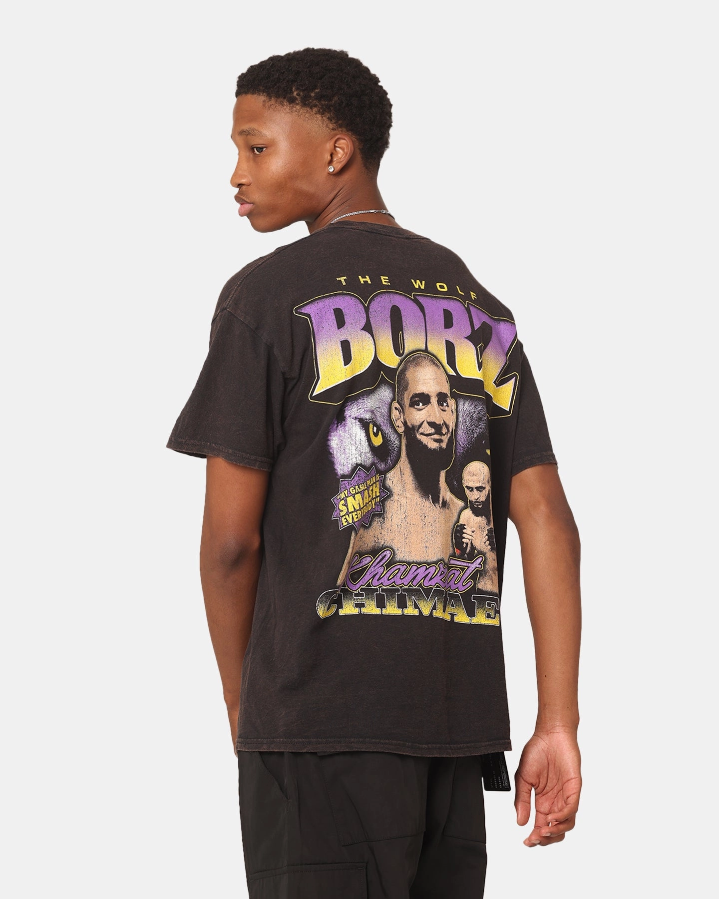 Flexible Weave Durable Material UFC By Goat Crew Khamzat Chimaev Borz Vintage T-Shirt Black Wash