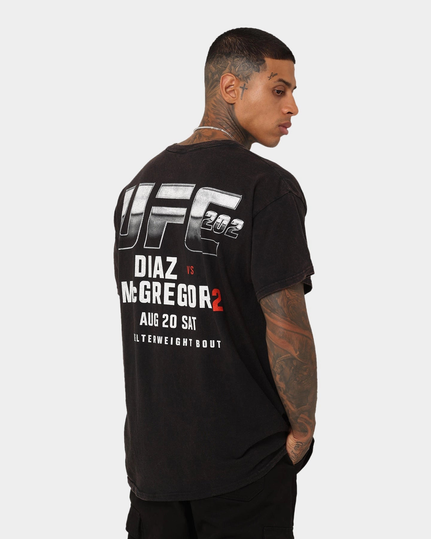 UFC By Goat Crew Nate Diaz vs Conor McGregor 202 Card Vintage T-Shirt Black Wash Polka Dot Pattern Relaxed fit wear