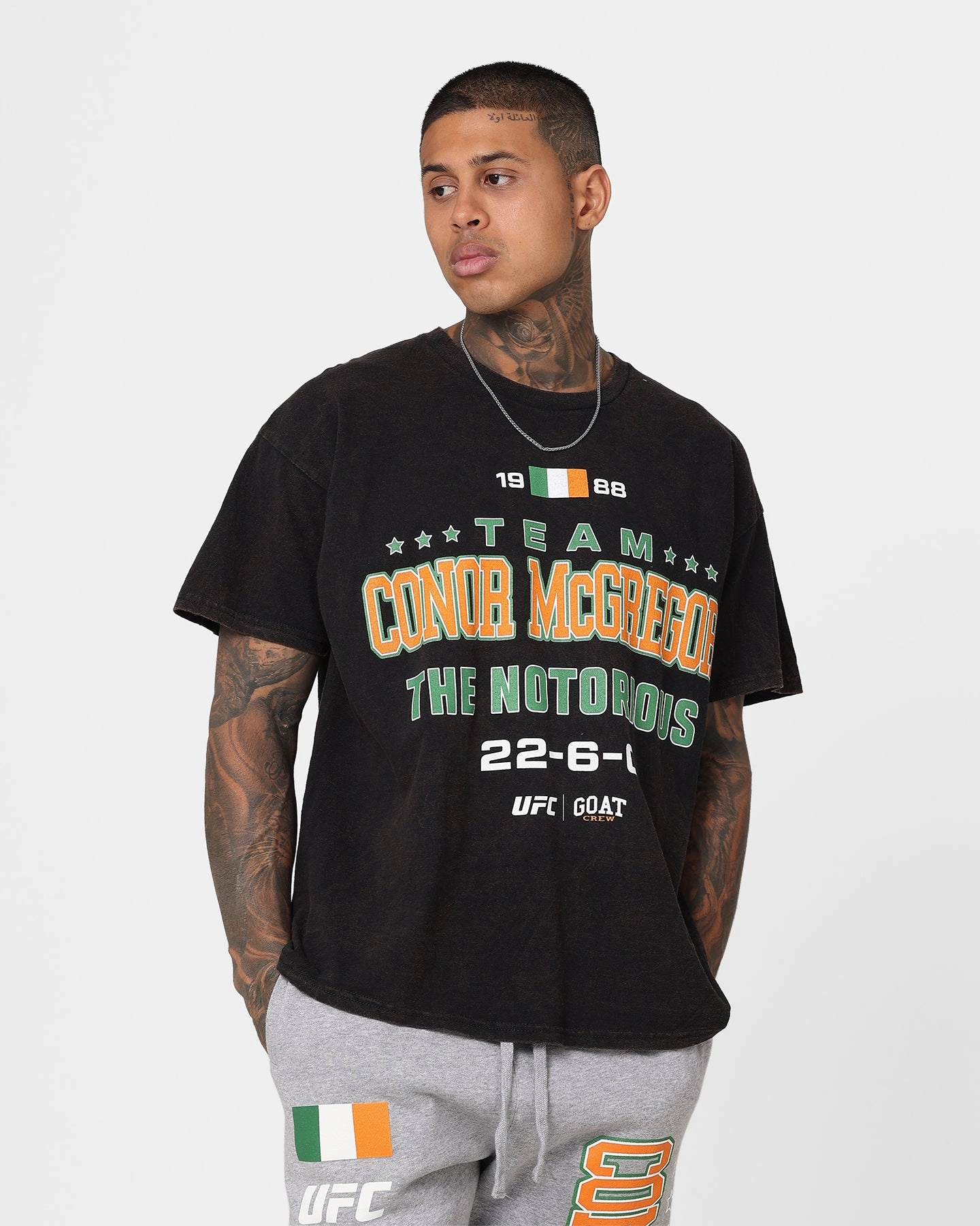 UFC By Goat Crew Team McGregor Vintage T-Shirt Black Wash Daily Casual Flexible Neckband