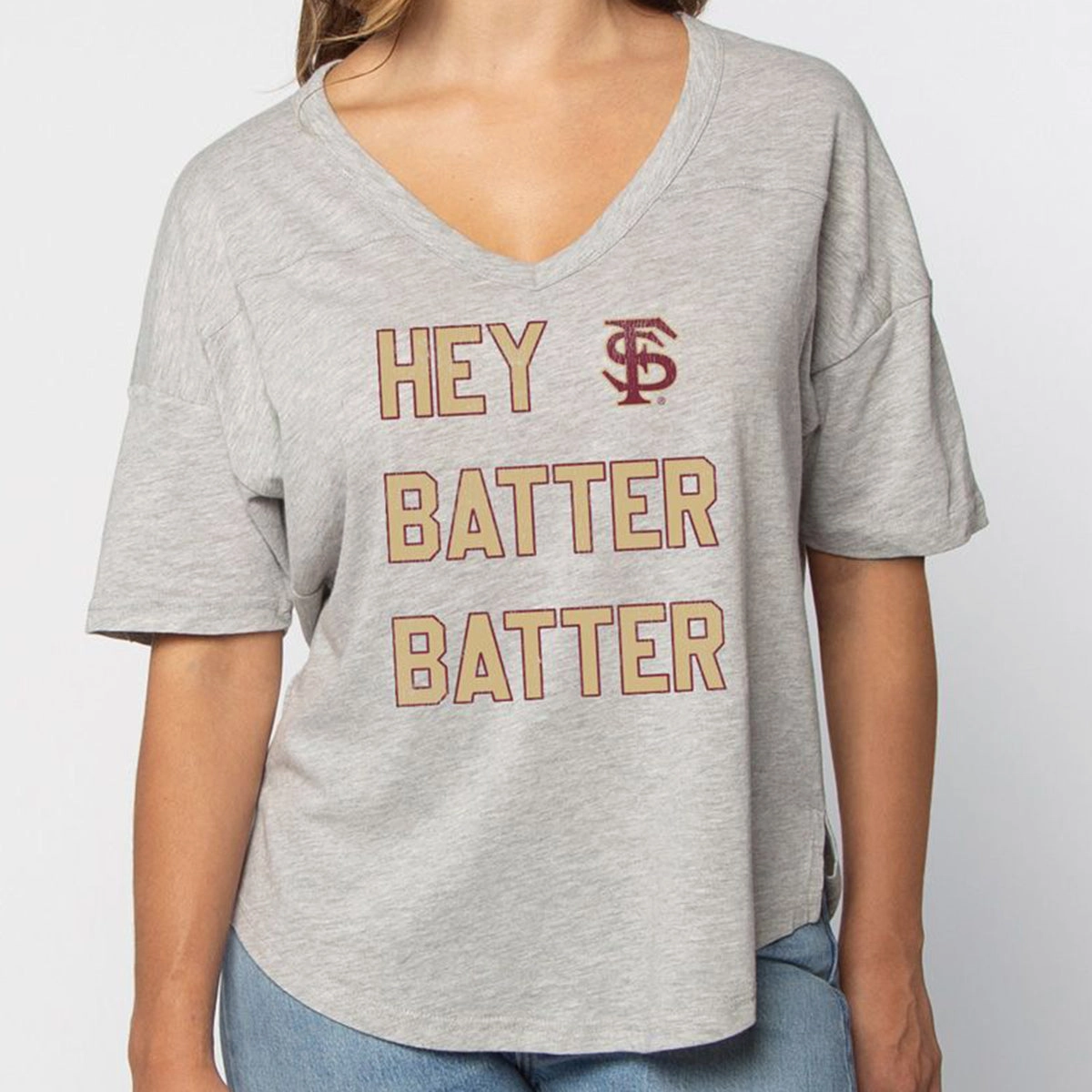 UG Apparel Women's Hey Batter Batter Design V-neck Short Sleeve T-shirt - Heather Grey Chilly Day Essentials