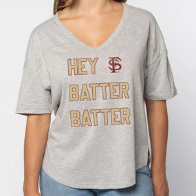 UG Apparel Women's Hey Batter Batter Design V-neck Short Sleeve T-shirt - Heather Grey FadeResistantPrint Pre Shrunk Fabric