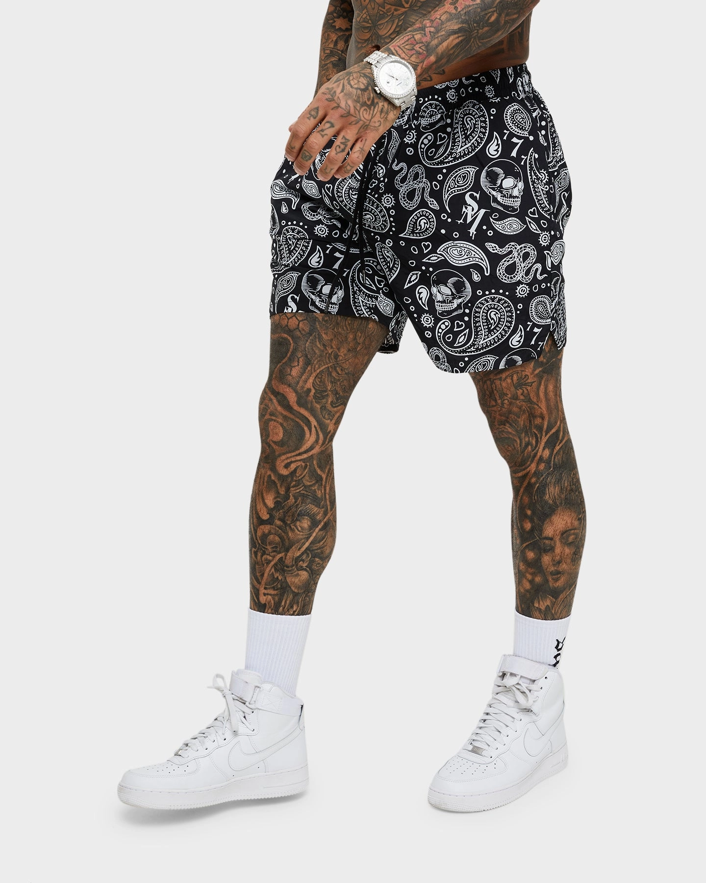Saint Morta Paisley Skulls Beach Shorts Black/White Double Layered Reinforcement Clean Mood