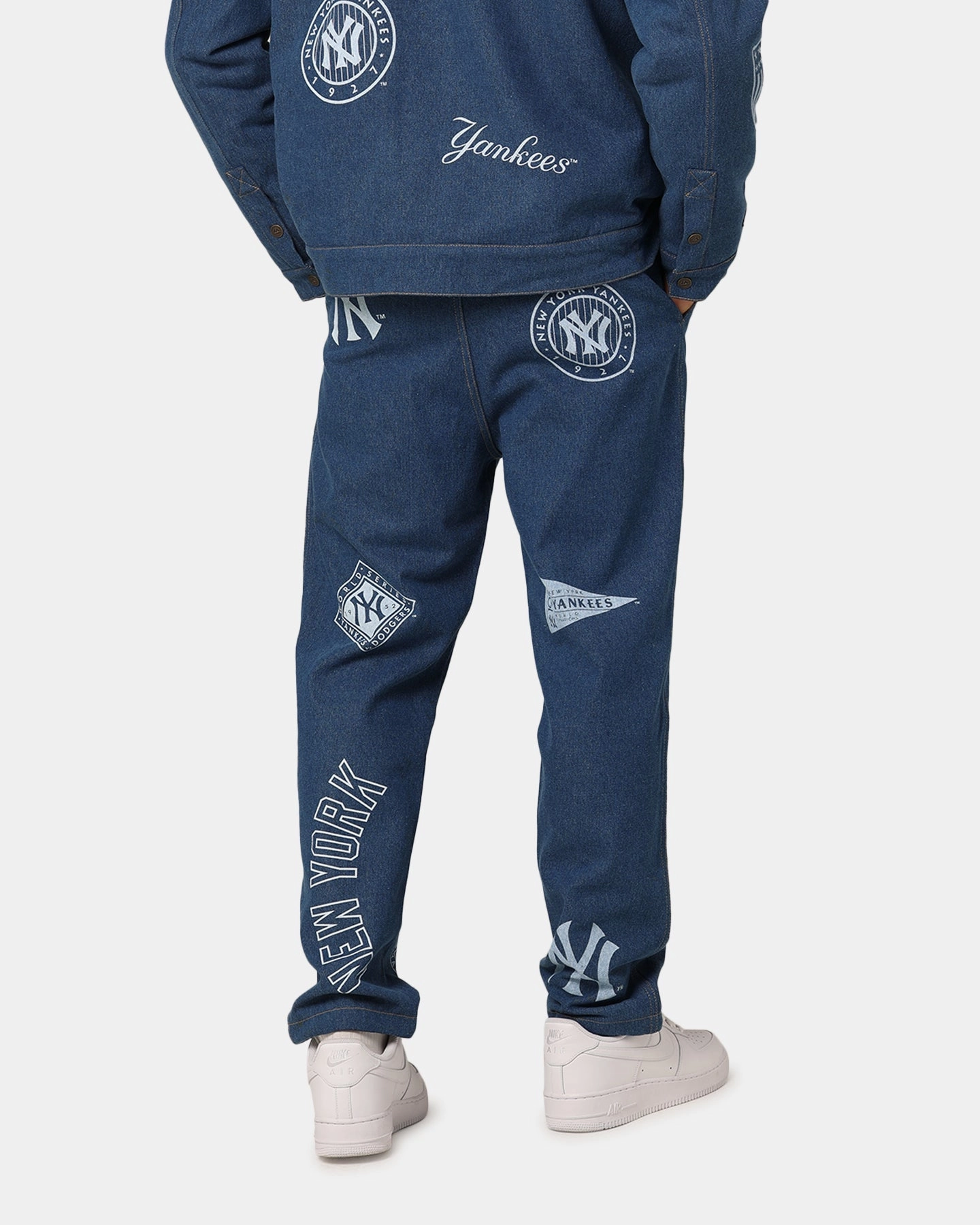 Majestic Athletic New York Yankees Etched Denim Jeans Washed Blue Denim Wide Leg Silhouette