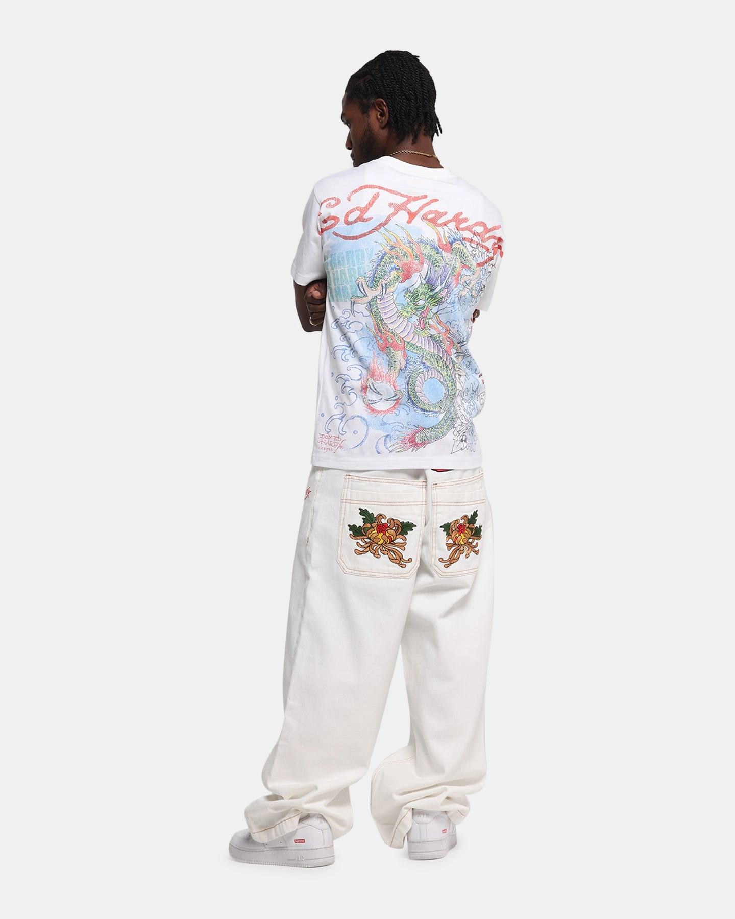 Ed Hardy Rising Dragon Vintage T-Shirt White Winter Layer Relaxed Fit Design