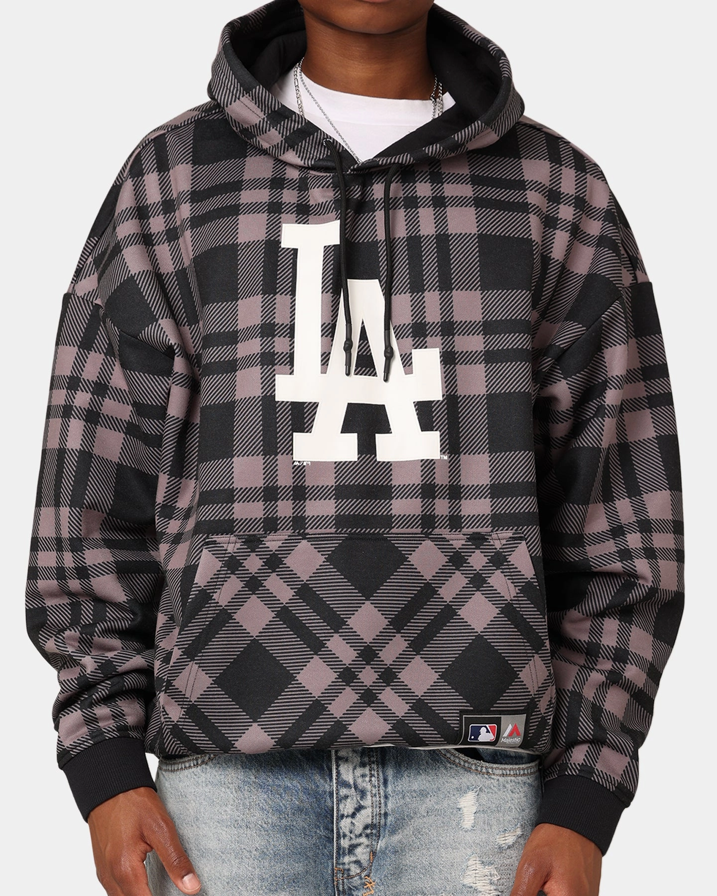 All Purpose Outerwear Majestic Athletic Los Angeles Dodgers Check Logo Hoodie Faded Black