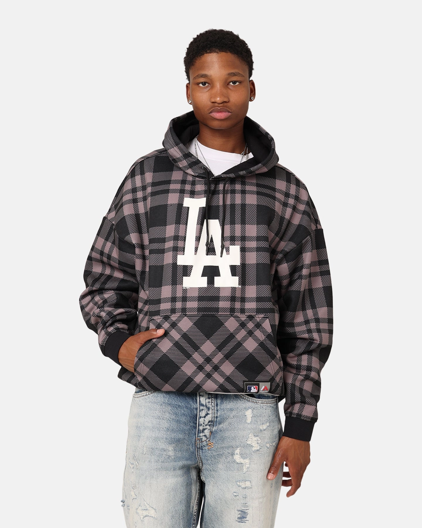 Stretchable Seasonal Wear Majestic Athletic Los Angeles Dodgers Check Logo Hoodie Faded Black
