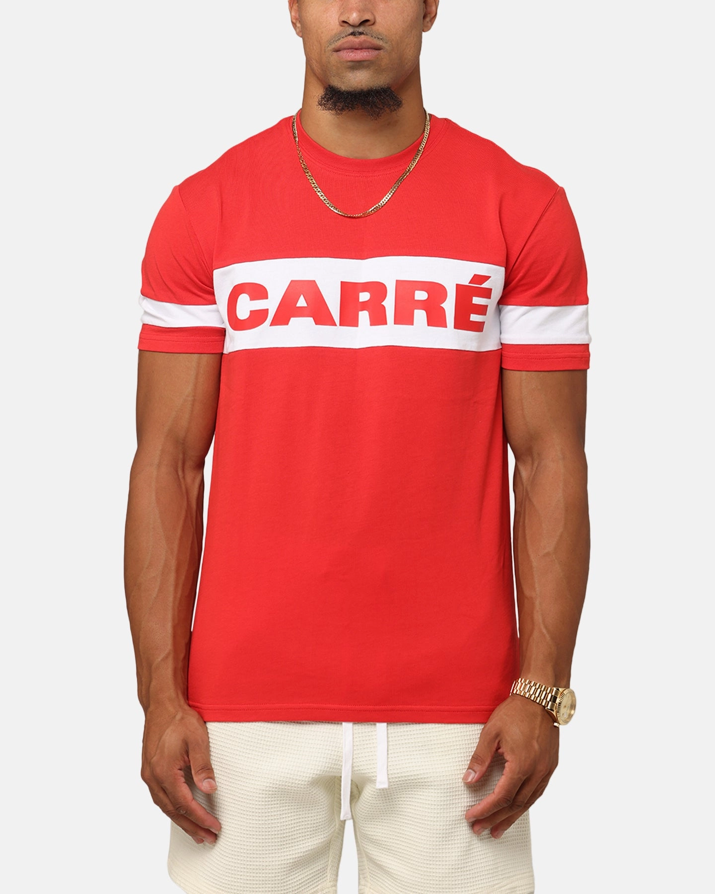 Bold Comfort Ribbed Collar Trim Carre Bars T-Shirt Red/White