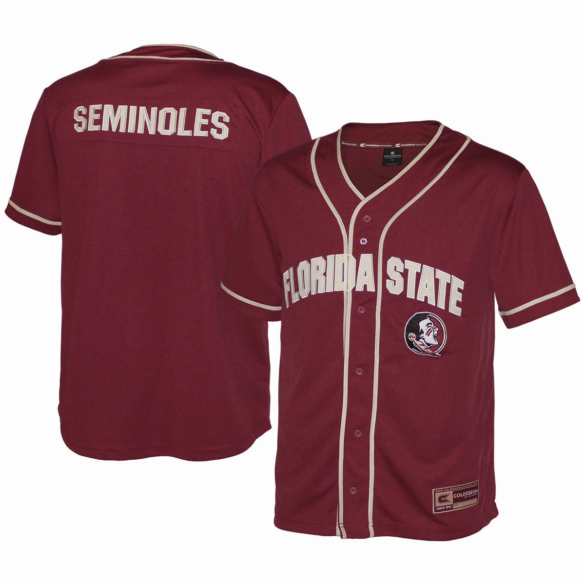 Chill Comfort EasyCareFinish Colosseum Youth Florida State/Seminole Logo Baseball Jersey - Garnet