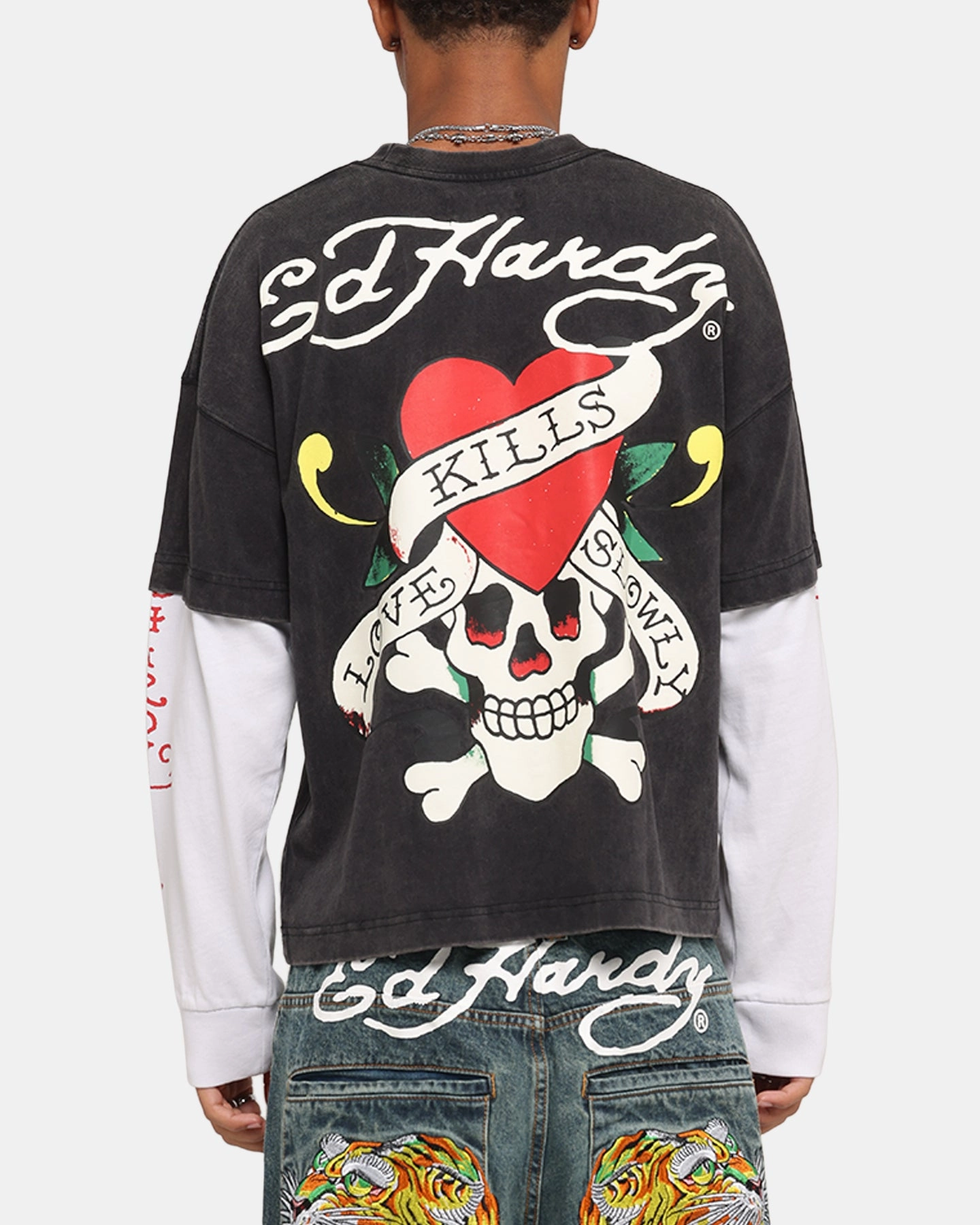 Feminine Touch Cozy Wear Ed Hardy Love Kills Layered Long Sleeve T-Shirt Black