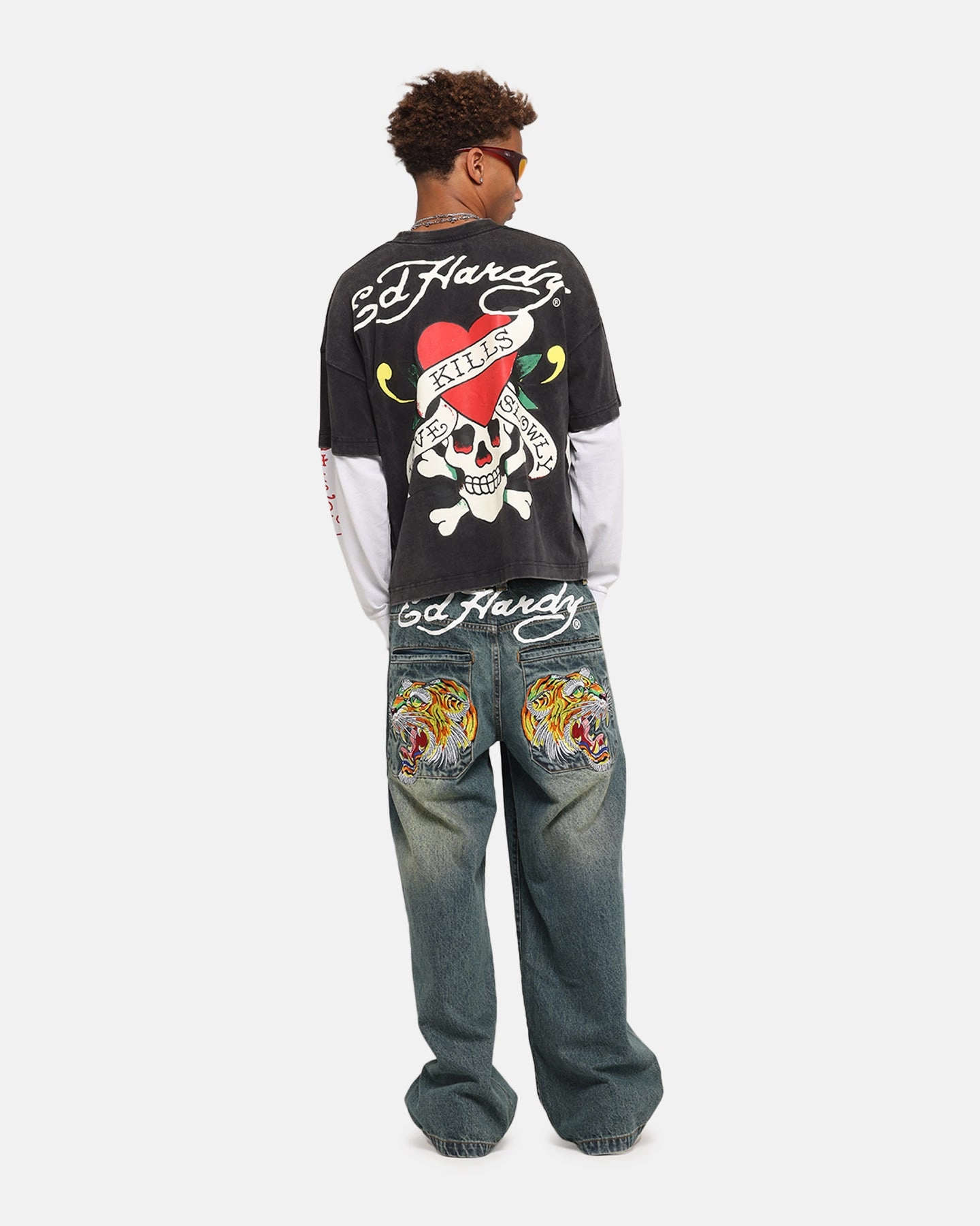 Longline Hemline Ed Hardy Love Kills Layered Long Sleeve T-Shirt Black