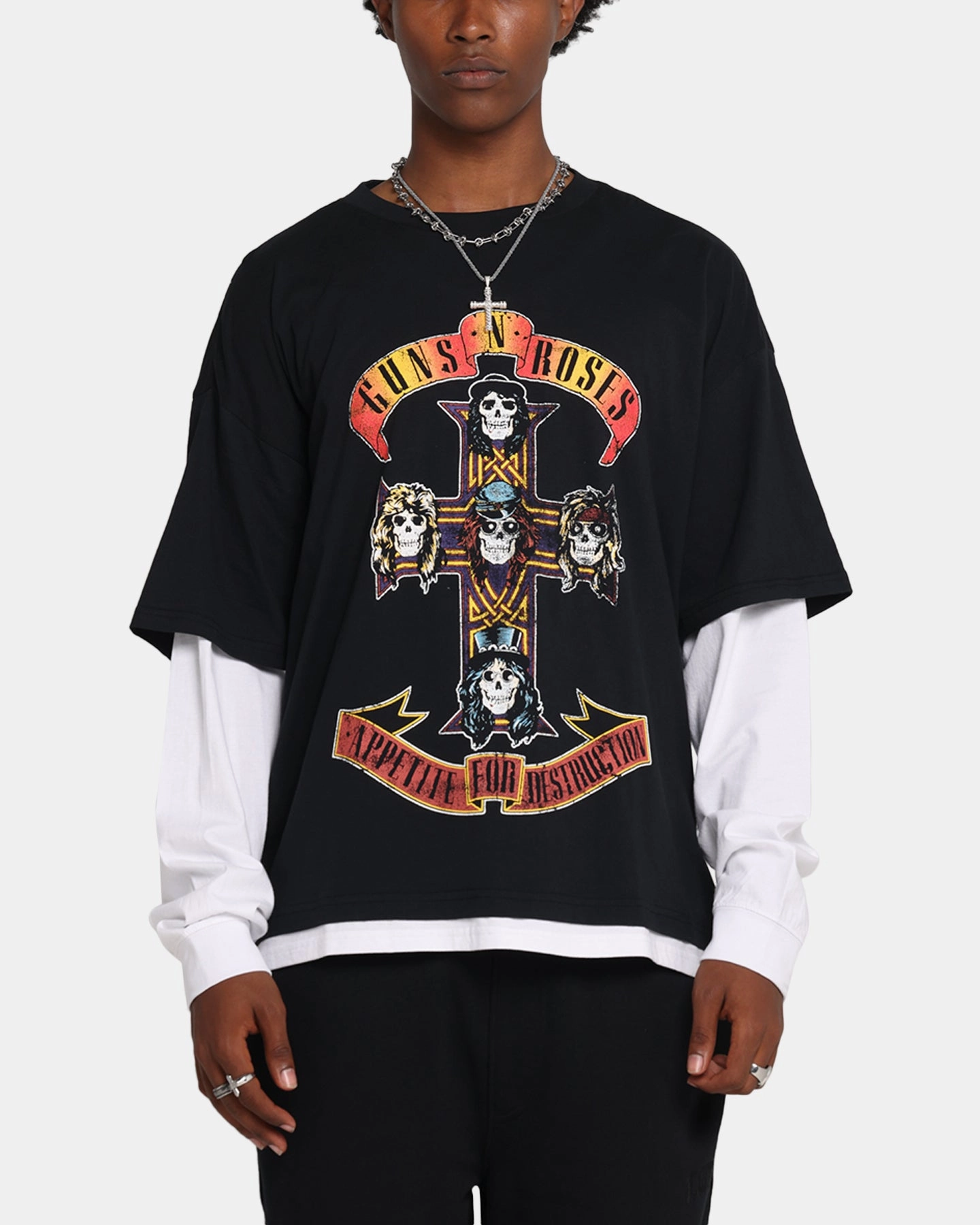G N Roses Roses Layered Long Sleeve T-Shirt Black Wash Simple Wear
