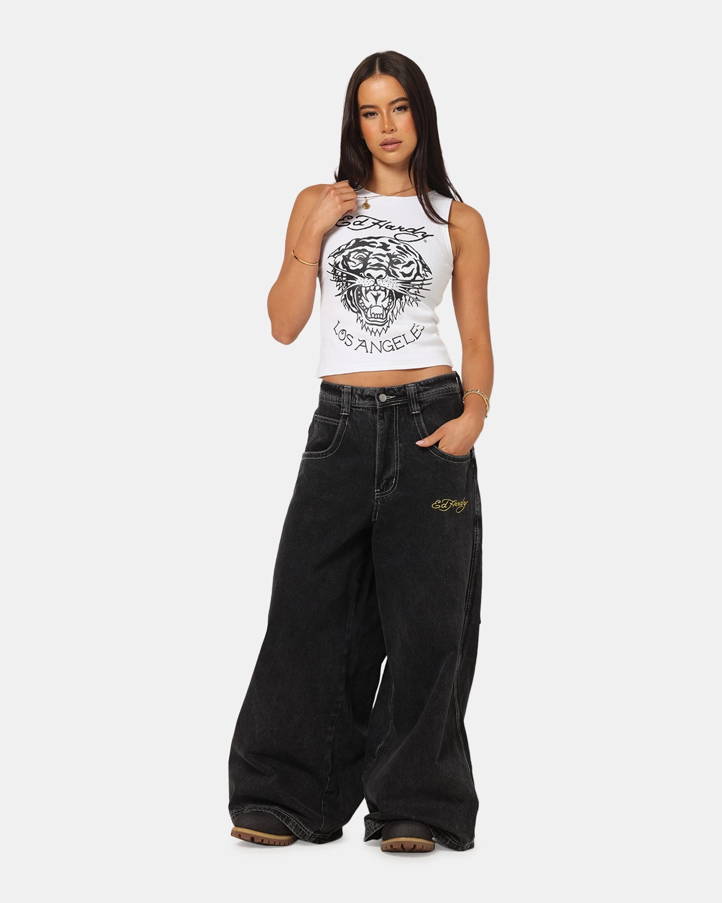 Ed Hardy Ultra Wide Leg Denim Jeans Black/Yellow Recycled Cotton Blend