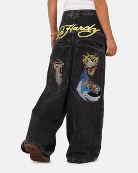 Ed Hardy Ultra Wide Leg Denim Jeans Black/Yellow Work Outfit Everyday Favorite