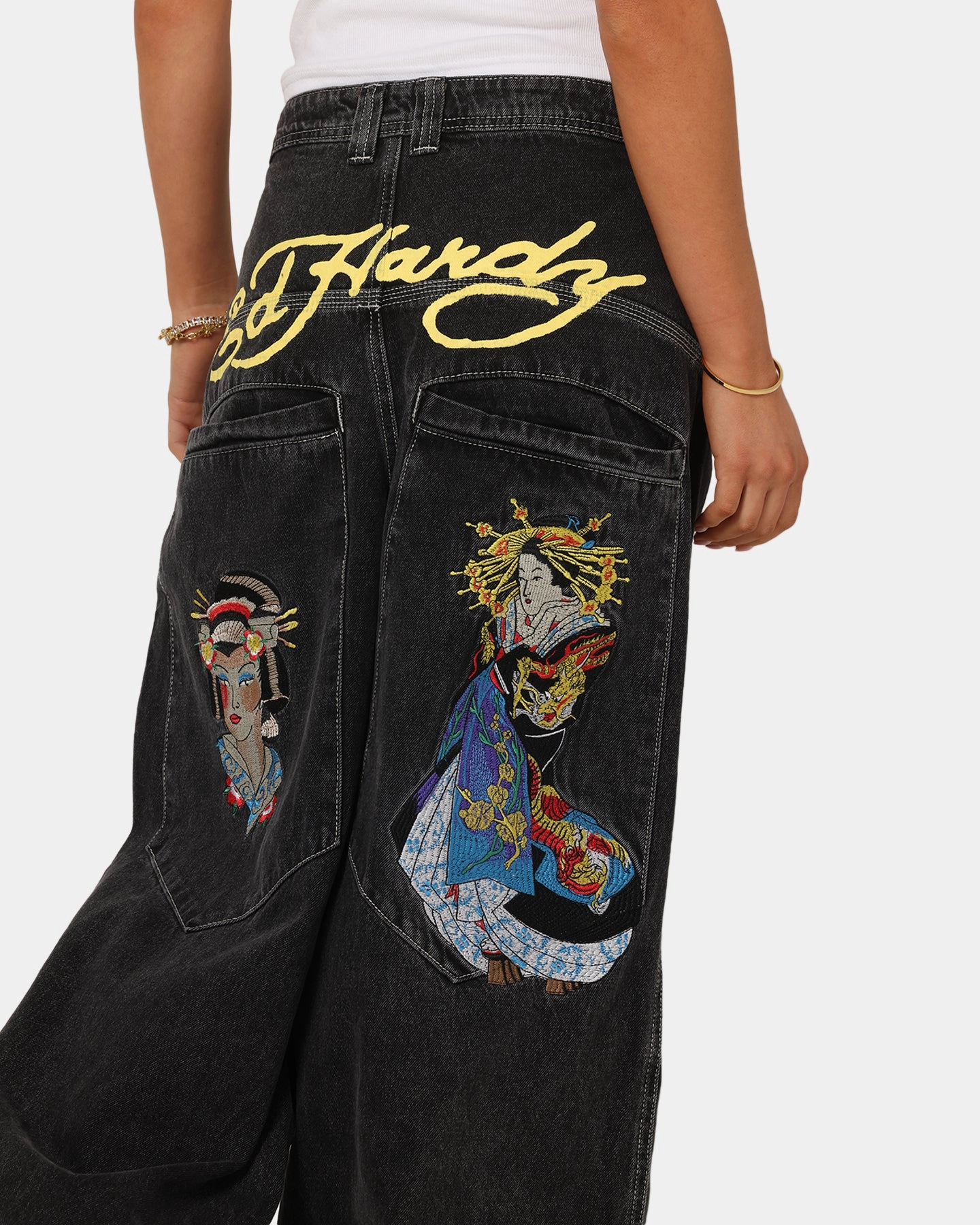 Outdoor Enthusiast Premium Home Comfort Professional Wear Urban Explorer Ed Hardy Ultra Wide Leg Denim Jeans Black/Yellow
