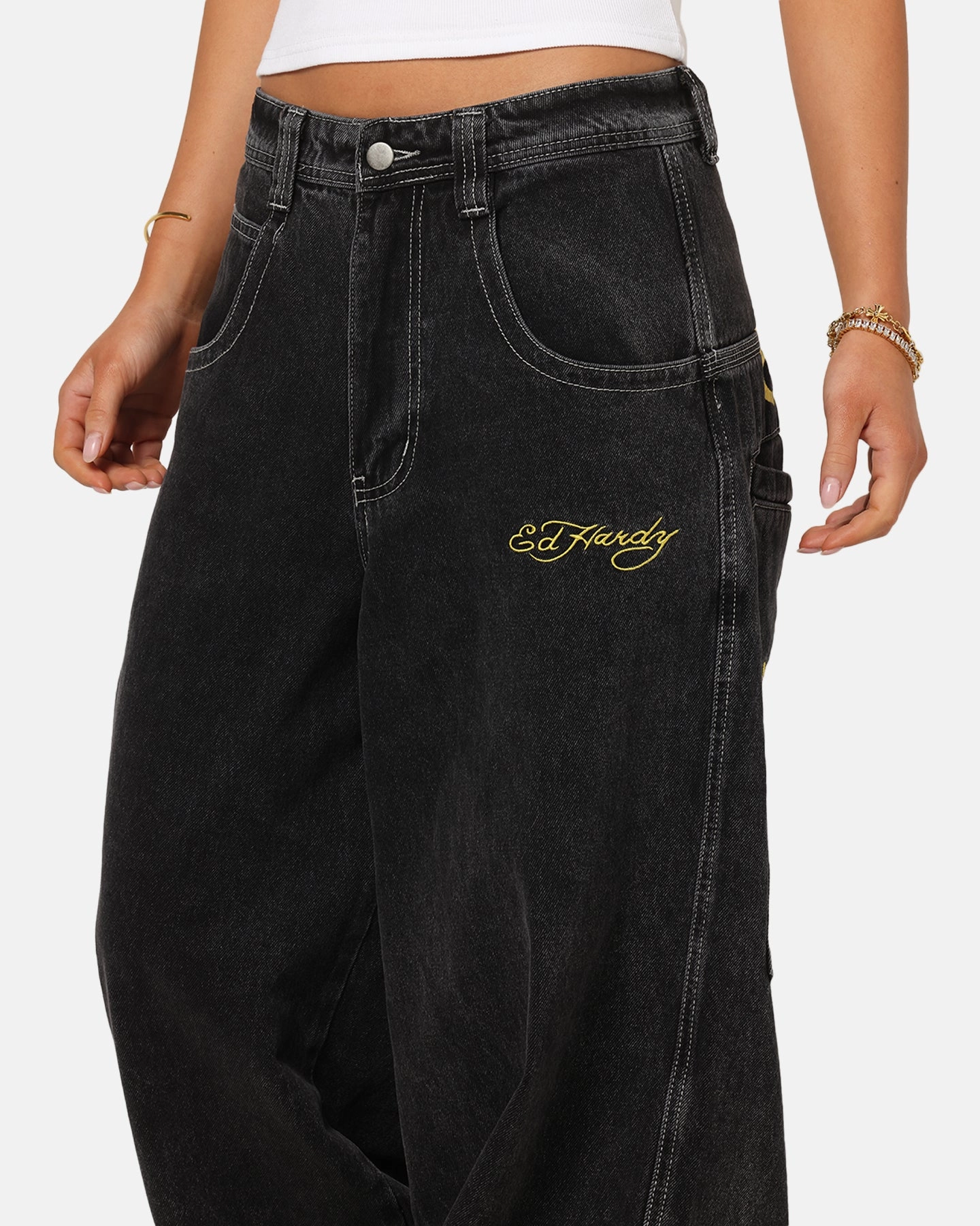 Morning Stroll Outdoor Adventure Date Night Ed Hardy Ultra Wide Leg Denim Jeans Black/Yellow