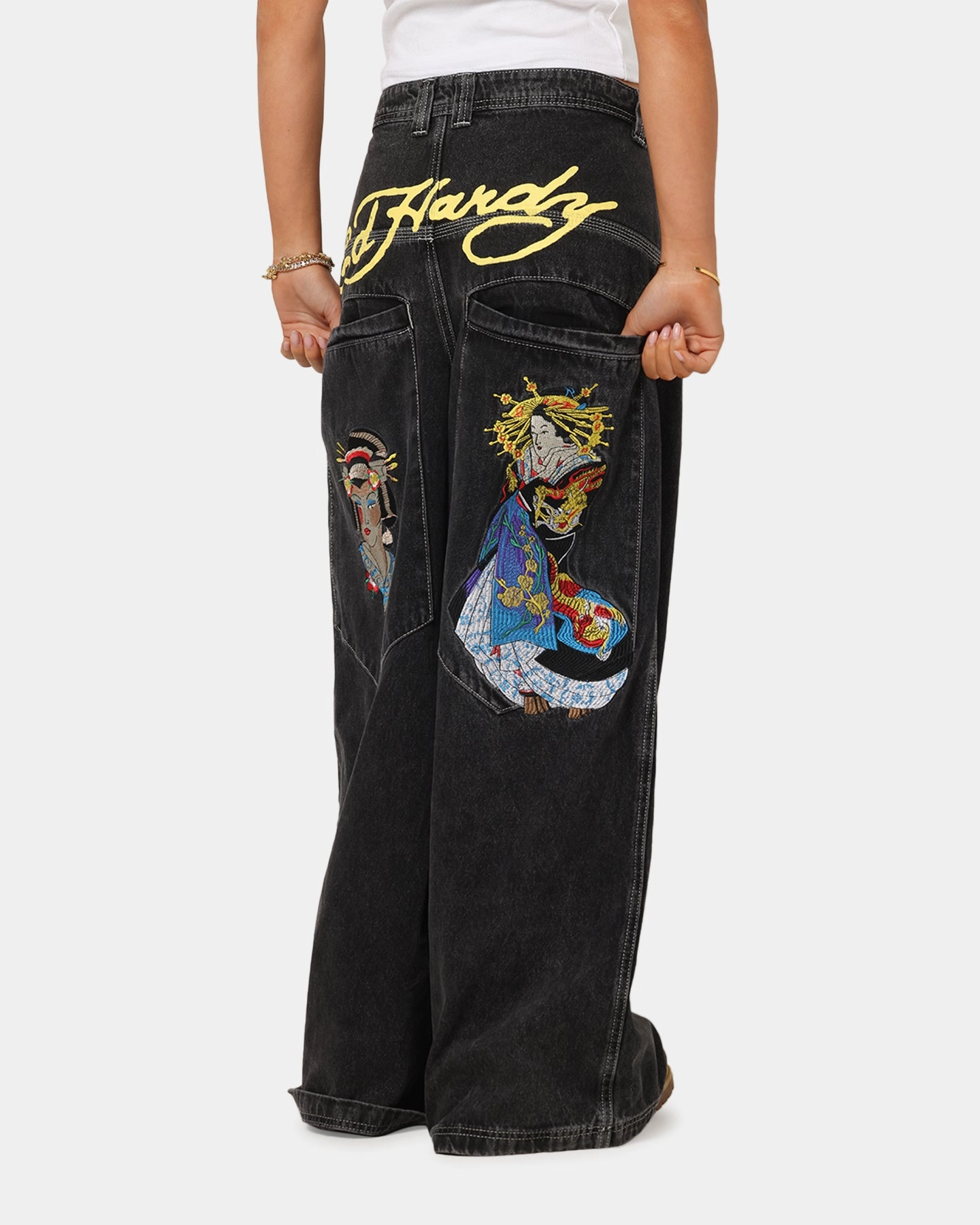 Bold Look Professional Wear Streetwear Fan Earthy High Quality Ed Hardy Ultra Wide Leg Denim Jeans Black/Yellow