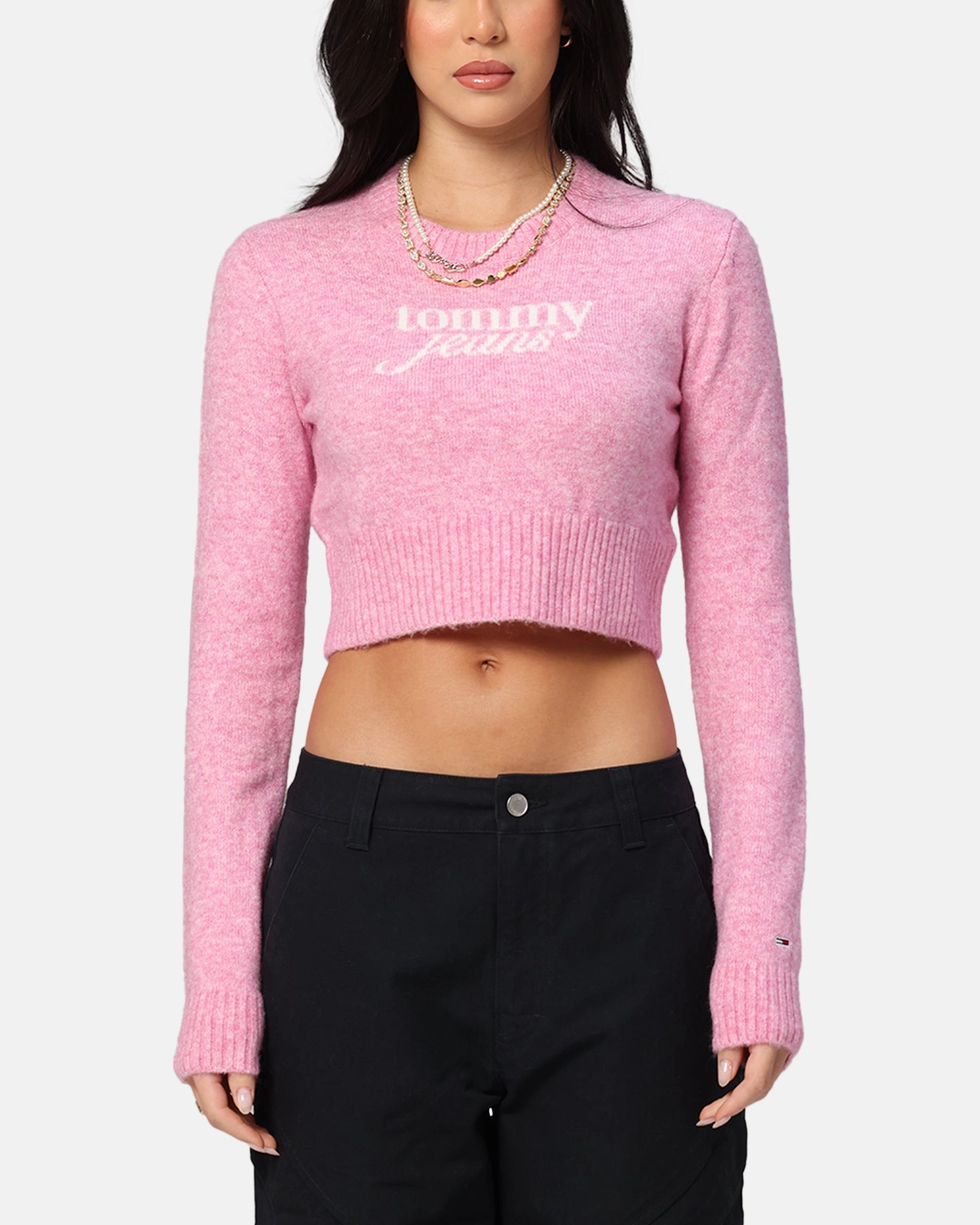 Quilted Stitching Pattern Tommy Jeans Women's Crop Script Sweater Pink