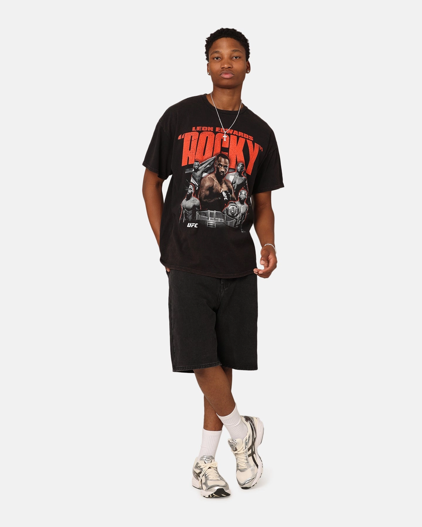 UFC By Goat Crew Leon "Rocky" Edwards Vintage T-Shirt Black Wash No Shrink Fabric Running Speed