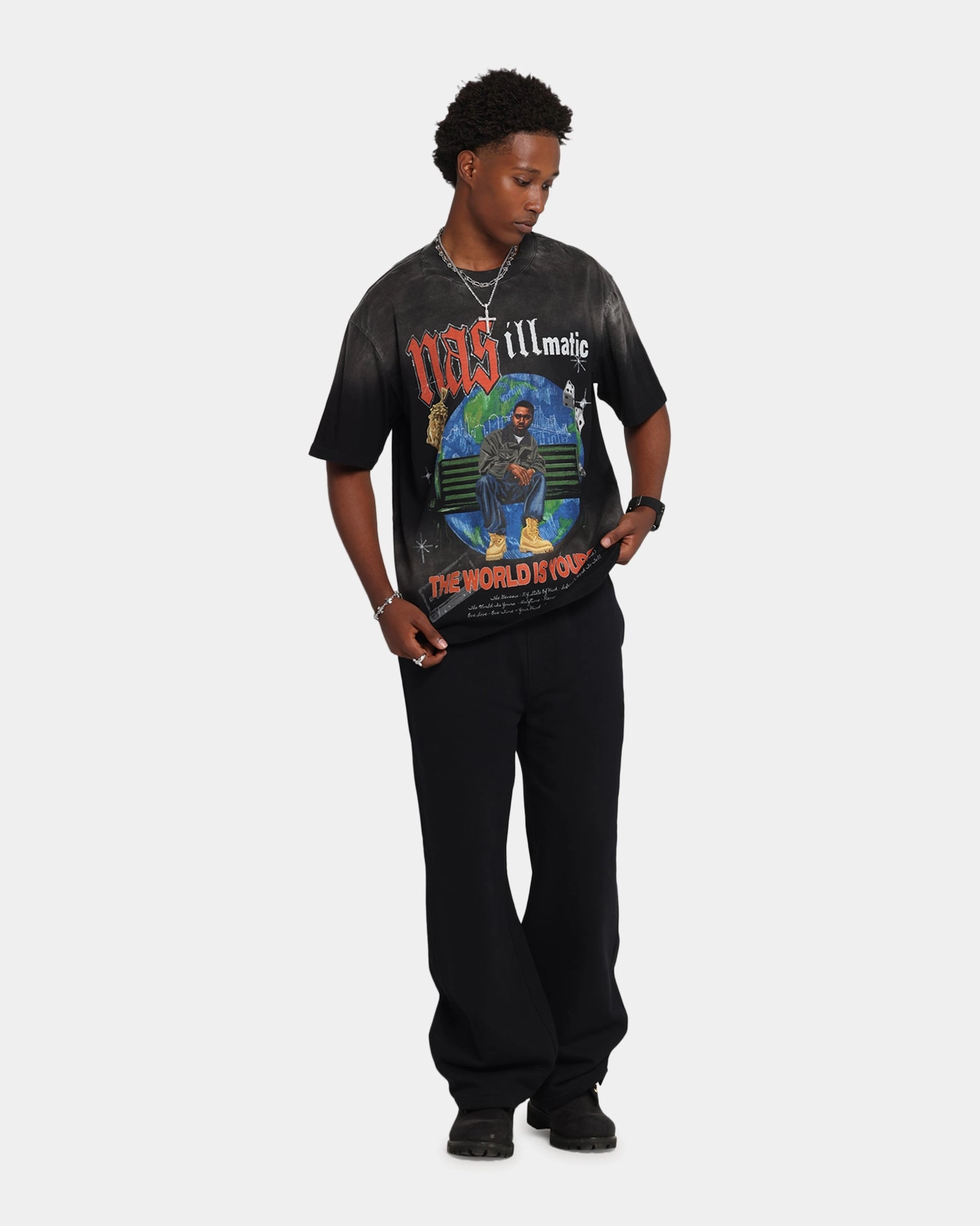 Nas The World Is Yours T-Shirt Washed Black Non Restrictive Silhouette Matte Look