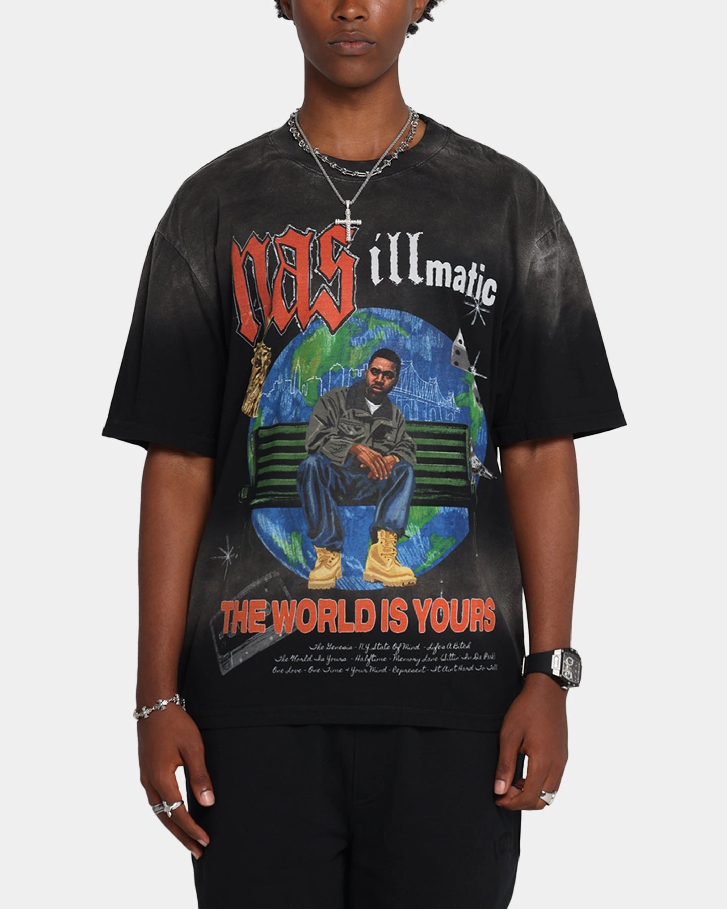 Outdoor Style Trend Urban Streetwear Nas The World Is Yours T-Shirt Washed Black