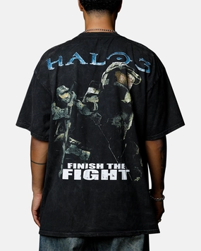 Foam Print Detail Easy Care Goat Crew X Halo Halo 3 Chief Big Head Vintage T-Shirt Black Acidwash