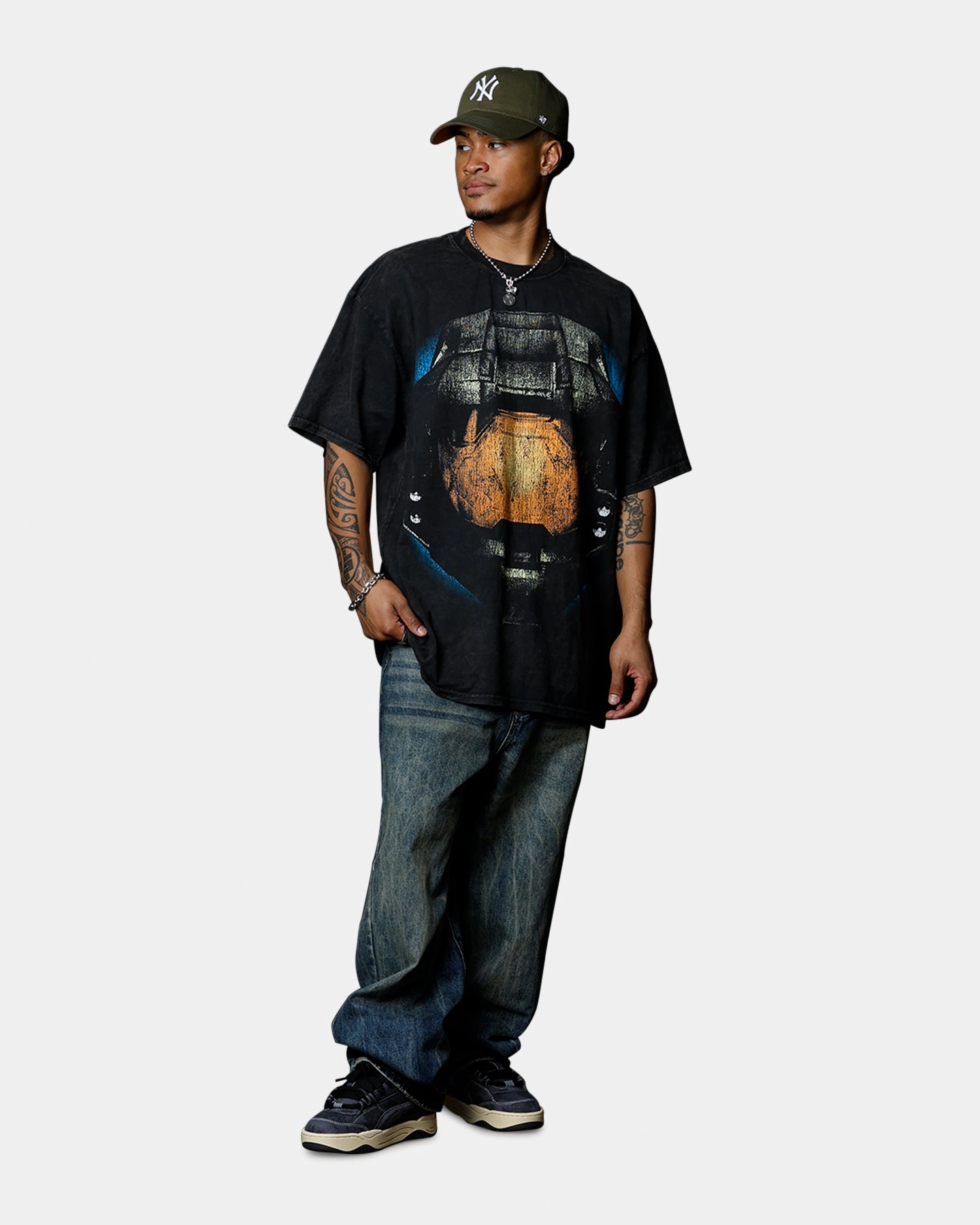 Goat Crew X Halo Halo 3 Chief Big Head Vintage T-Shirt Black Acidwash Breathable Essentials Anti-pilling