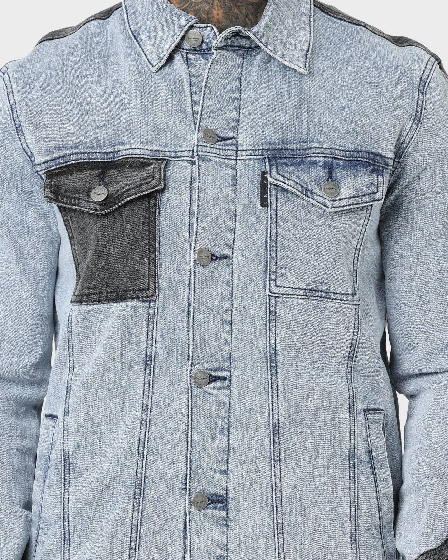 Sporty Style Waterproof Material Saint Morta Patchwork Denim Jacket Light Blue/Black