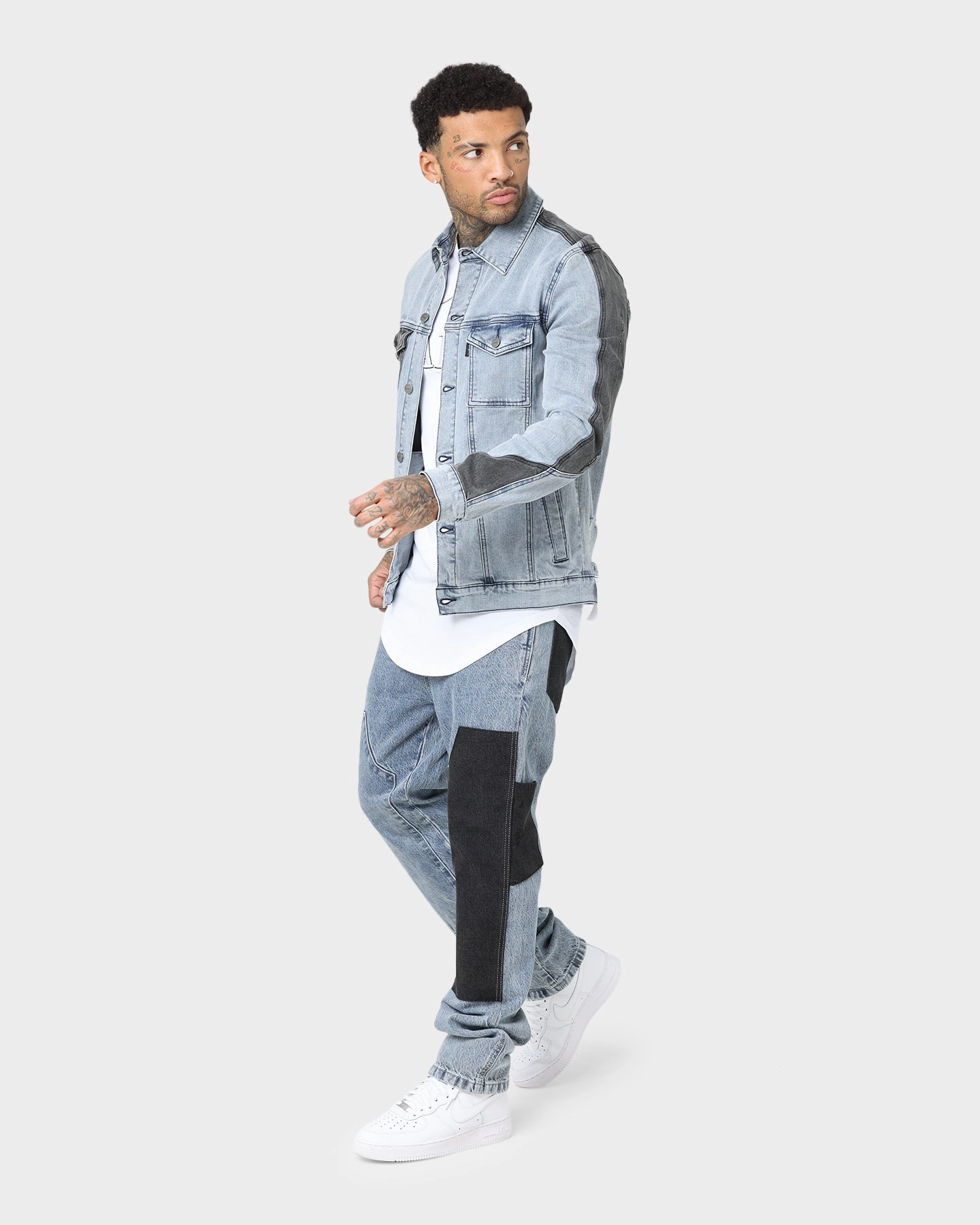 Saint Morta Patchwork Denim Jacket Light Blue/Black Hint Stretch Panels