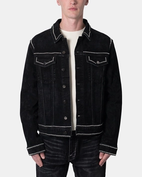 MNML Studded Suede Denim Jacket Black Rugged Comfort