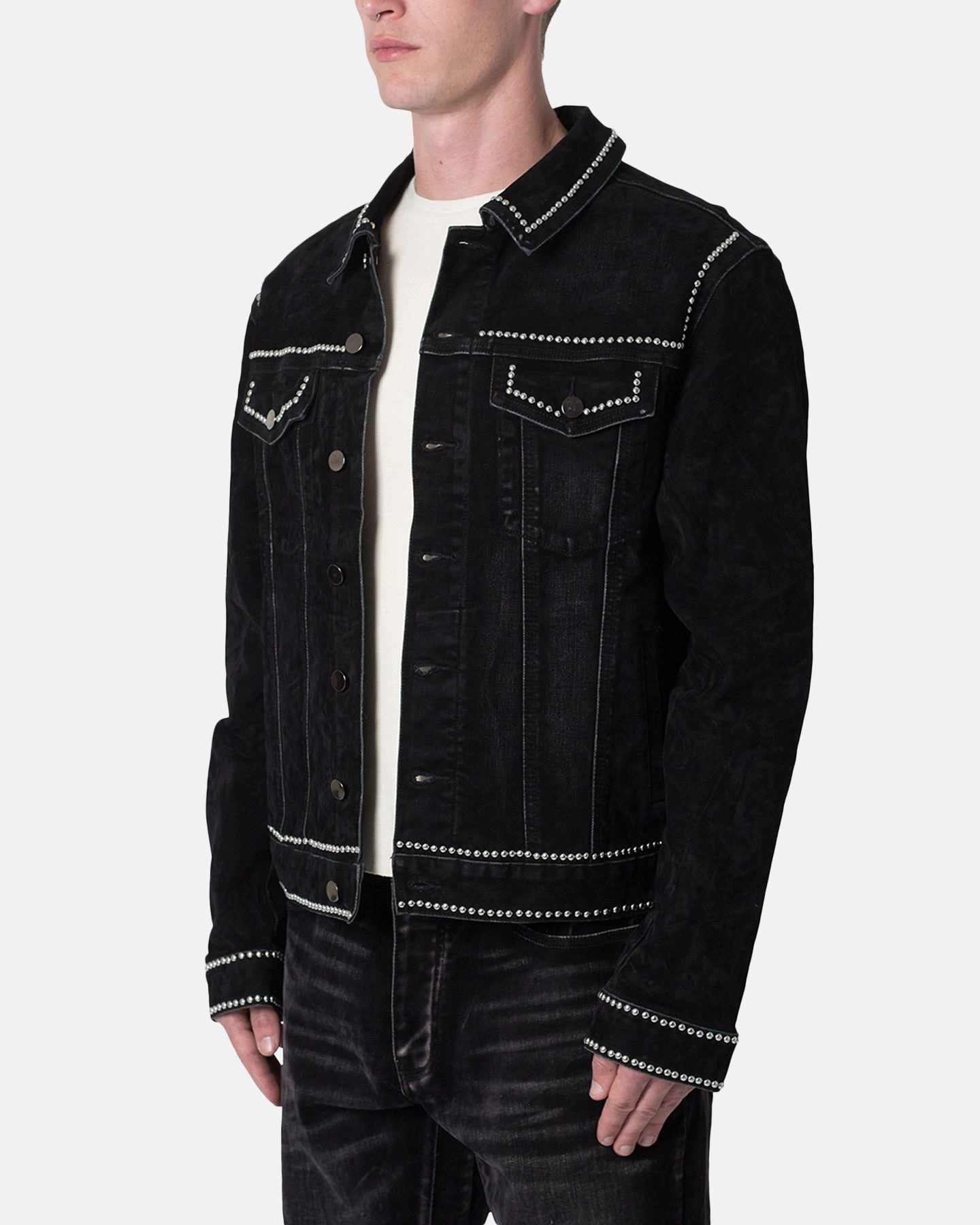 Laser Cut Vents Observe MNML Studded Suede Denim Jacket Black