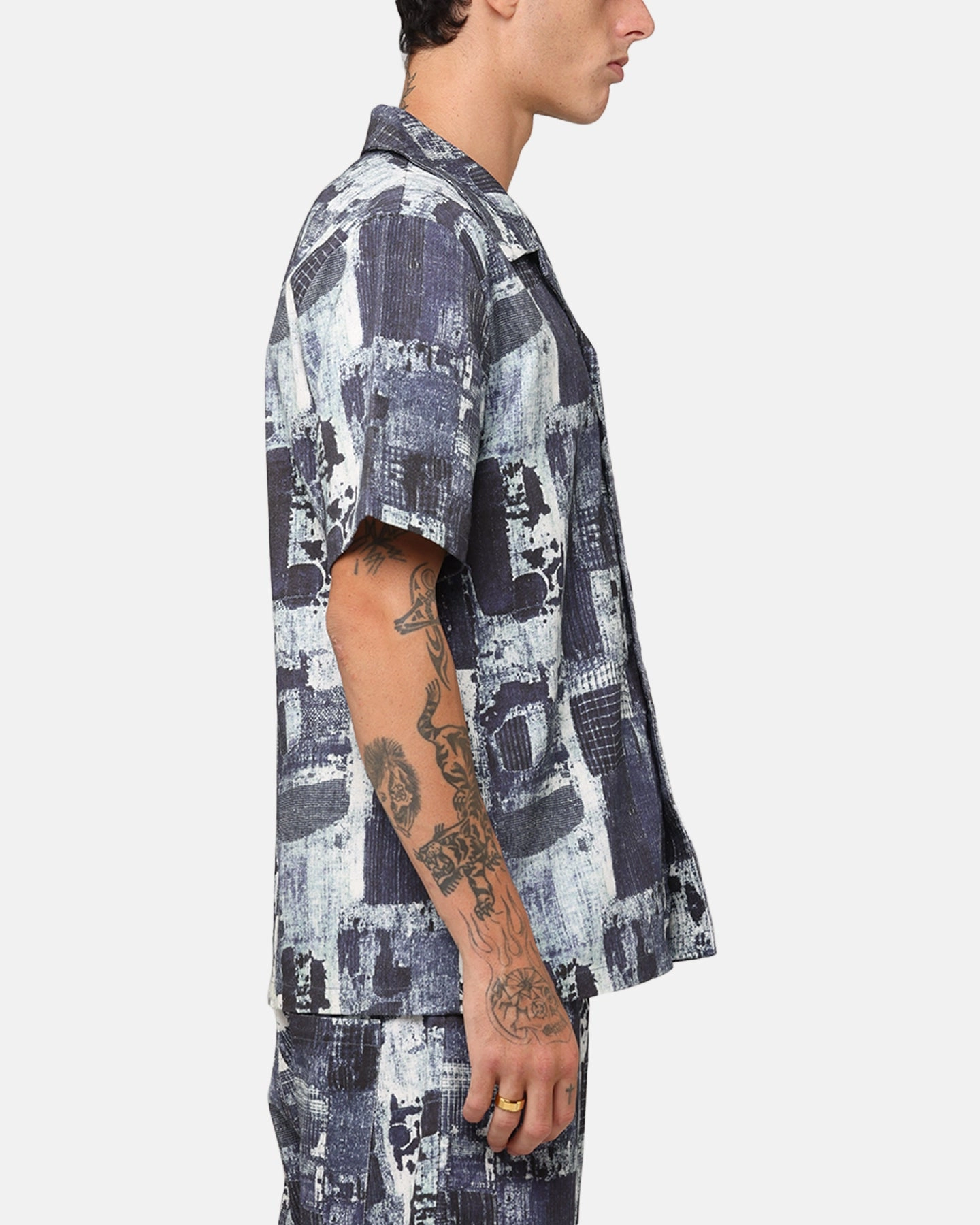 XXIII Printed Denim Patch Button Up Shirt Blue Sports Ready