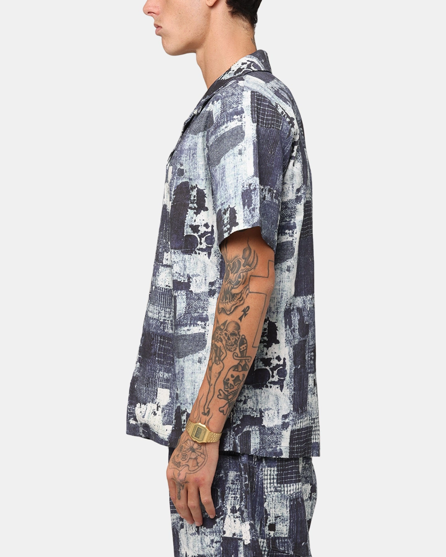 XXIII Printed Denim Patch Button Up Shirt Blue Timeless Classic