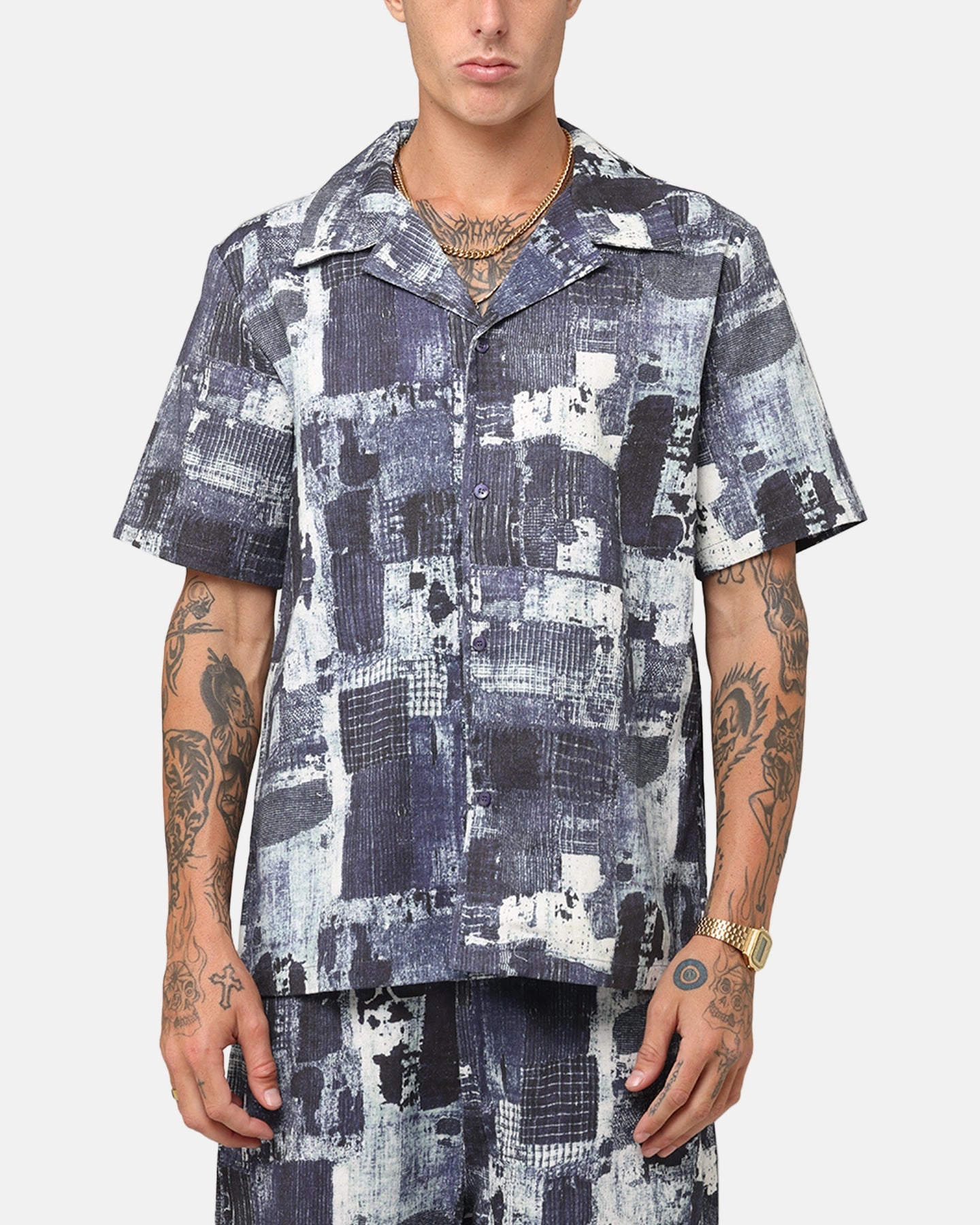 XXIII Printed Denim Patch Button Up Shirt Blue Metallic Finish