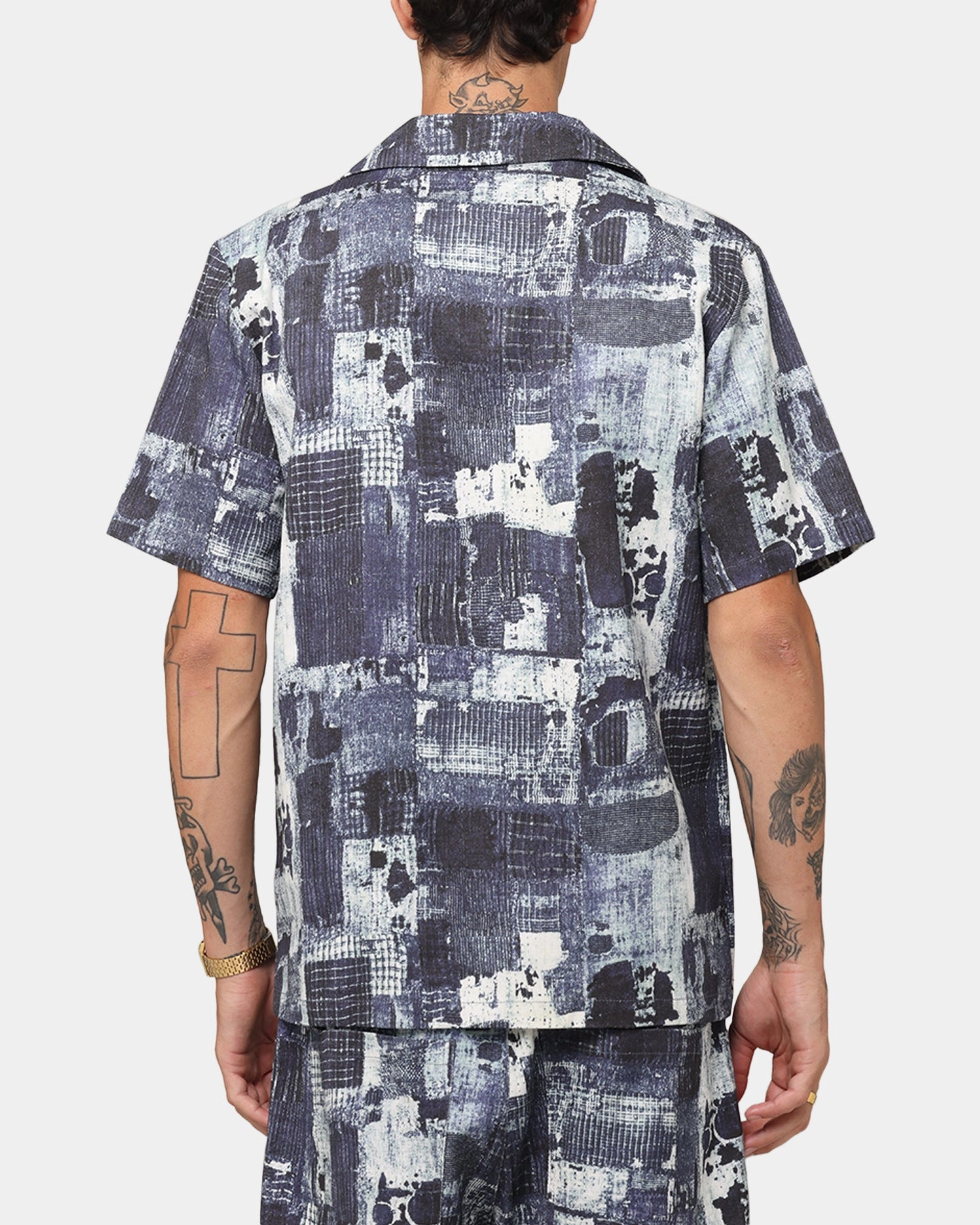 XXIII Printed Denim Patch Button Up Shirt Blue Preppy Vibe