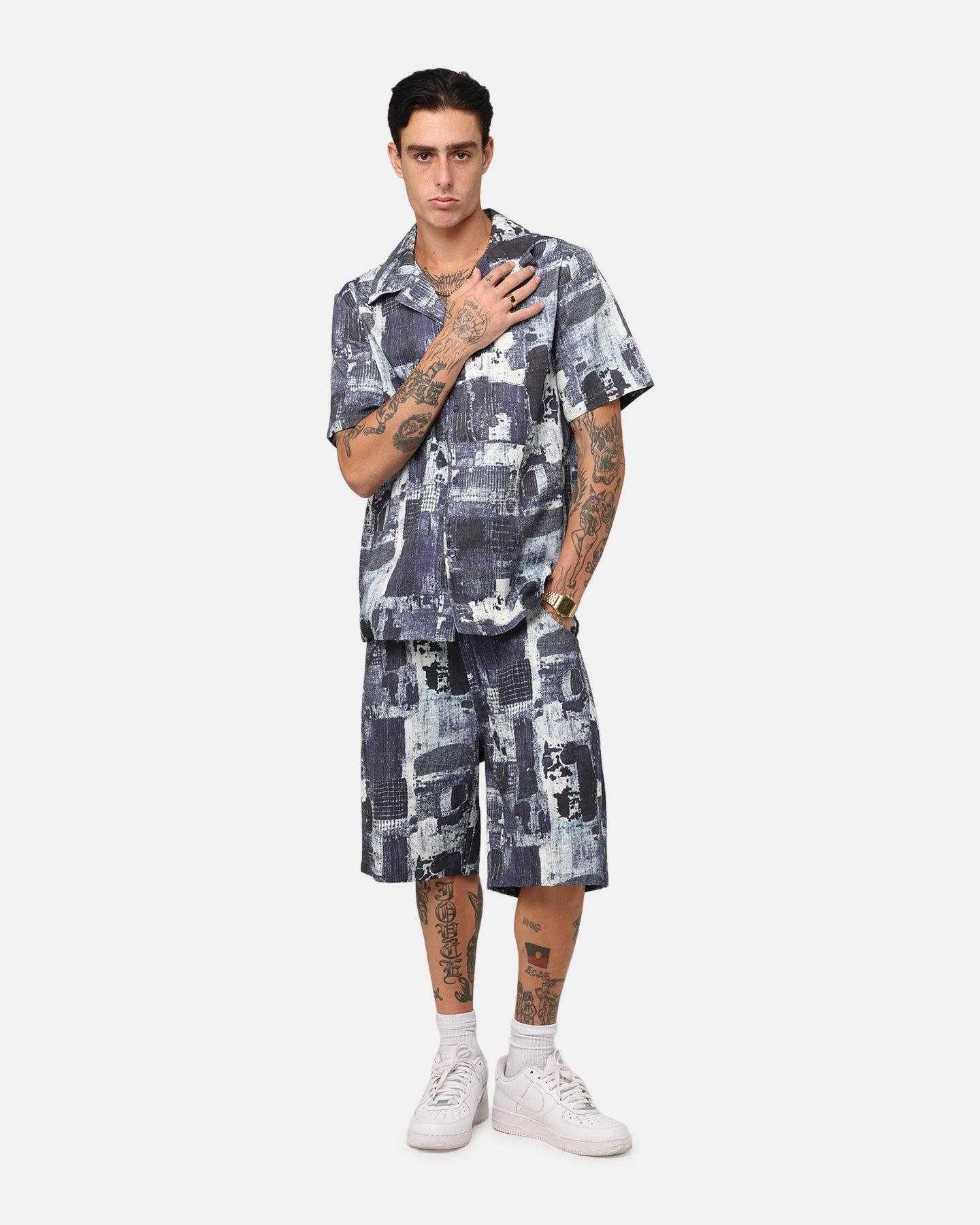 XXIII Printed Denim Patch Button Up Shirt Blue Fashion Statement Casual Wear