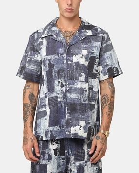 XXIII Printed Denim Patch Button Up Shirt Blue Metallic Finish
