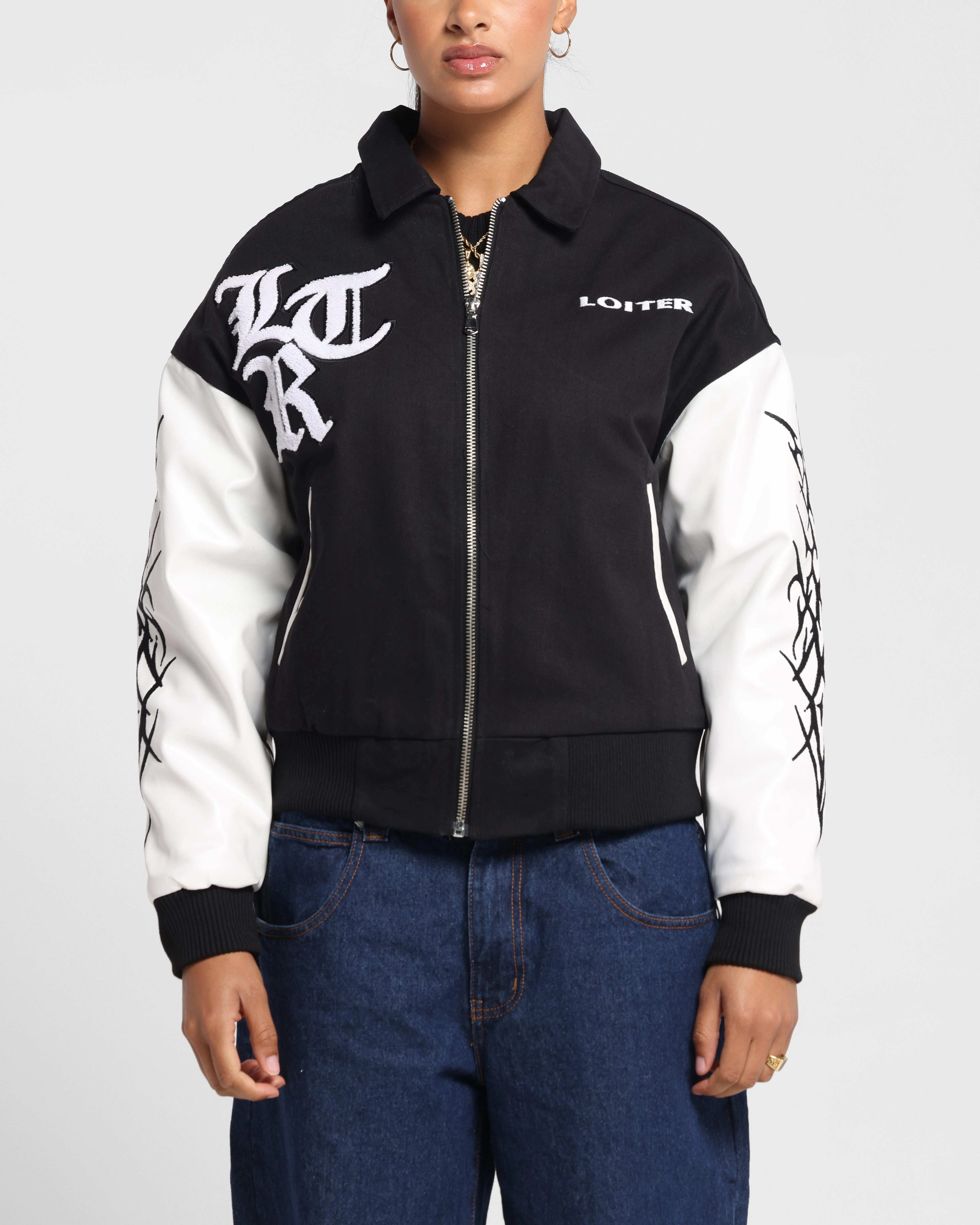 Loiter Cyber Varsity Jacket Black/White color fast Shock Absorbent Padding