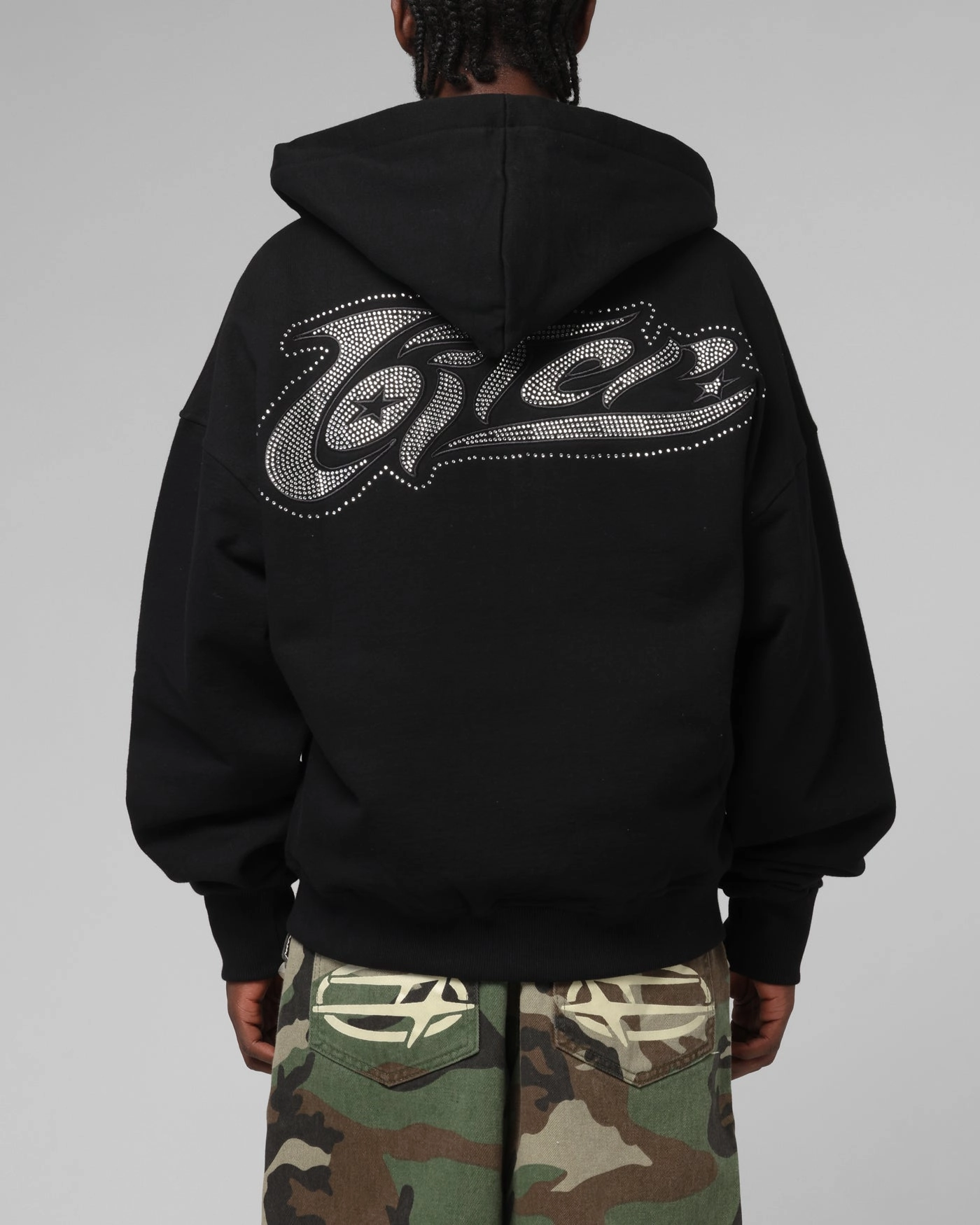 Finance Quilted Lining Loiter Weezy Rhinestone Zip Hoodie Black