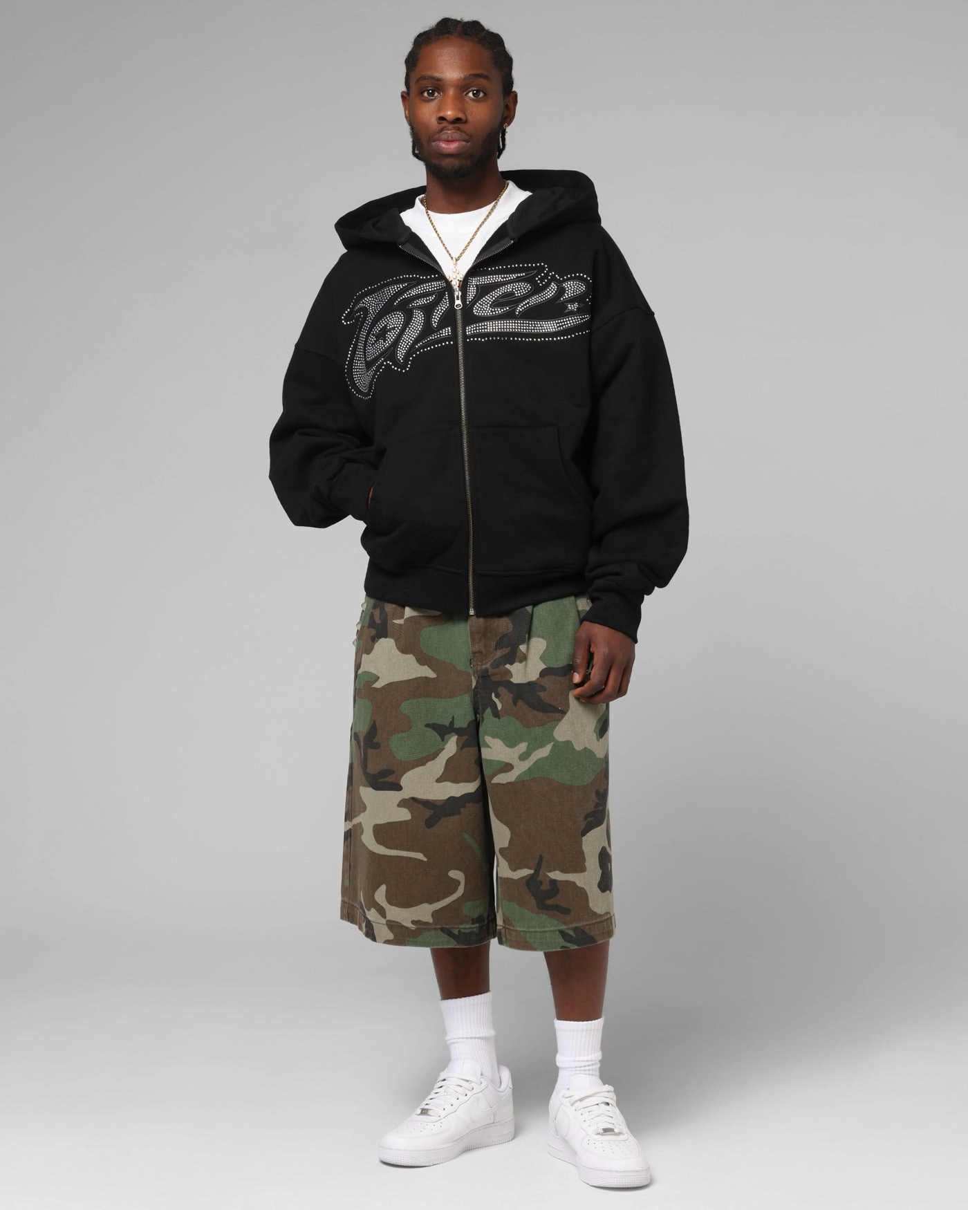 Loiter Weezy Rhinestone Zip Hoodie Black autumn season Compression Fit
