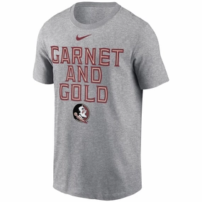 Nike Men's Garnet and Gold Seminole Logo Design Cotton Short Sleeve T-shirt - Dark Gray Circular Knit Construction Reversible Design Concept