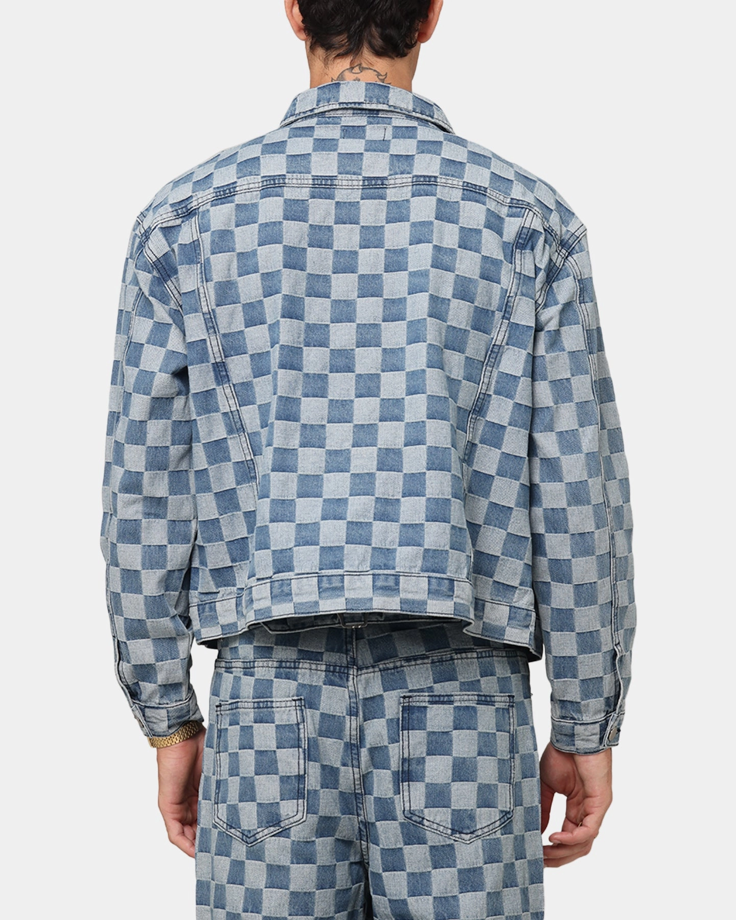 men's fashion XXIII Checker Board Trucker Jacket Blue