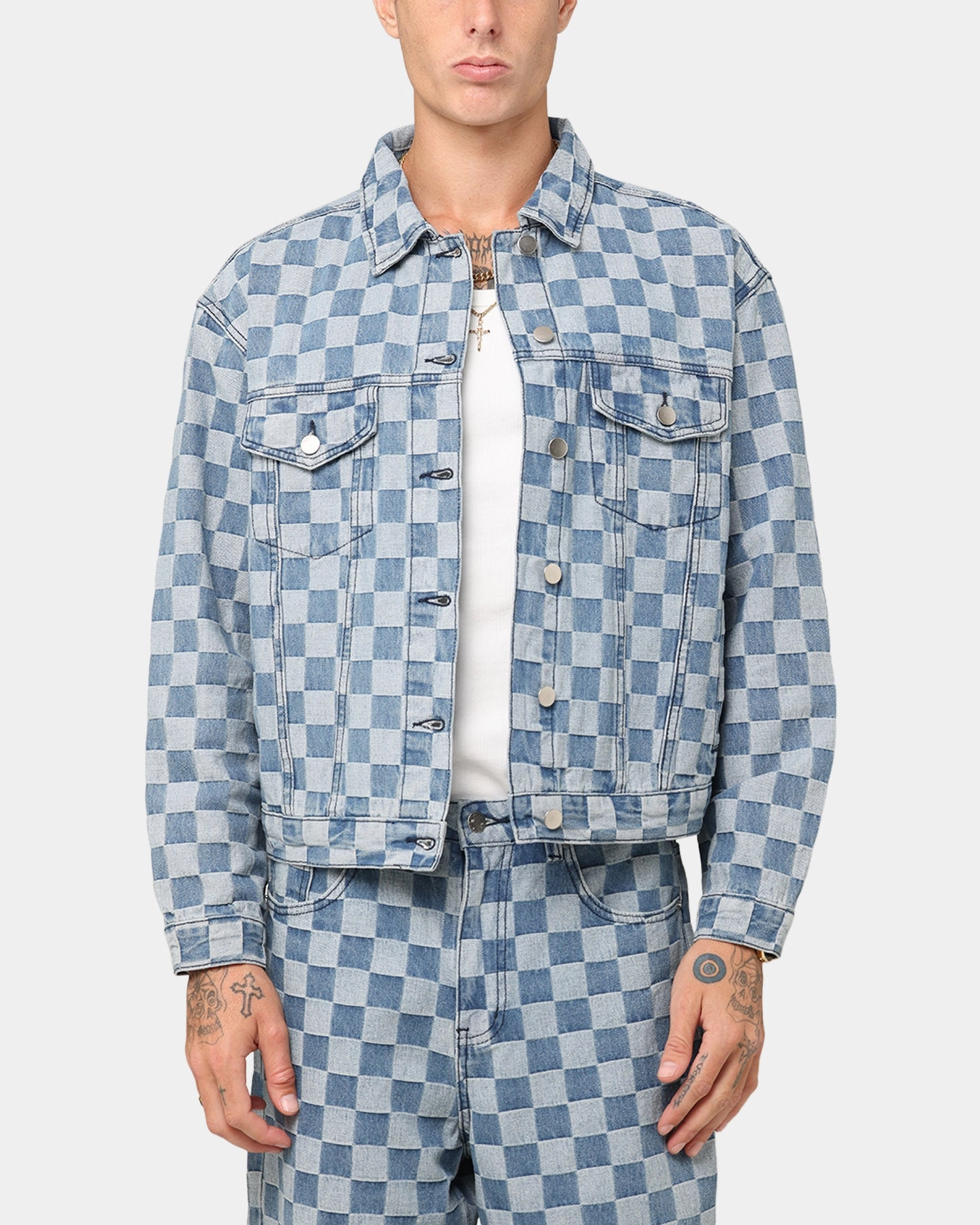 XXIII Checker Board Trucker Jacket Blue Outerwear